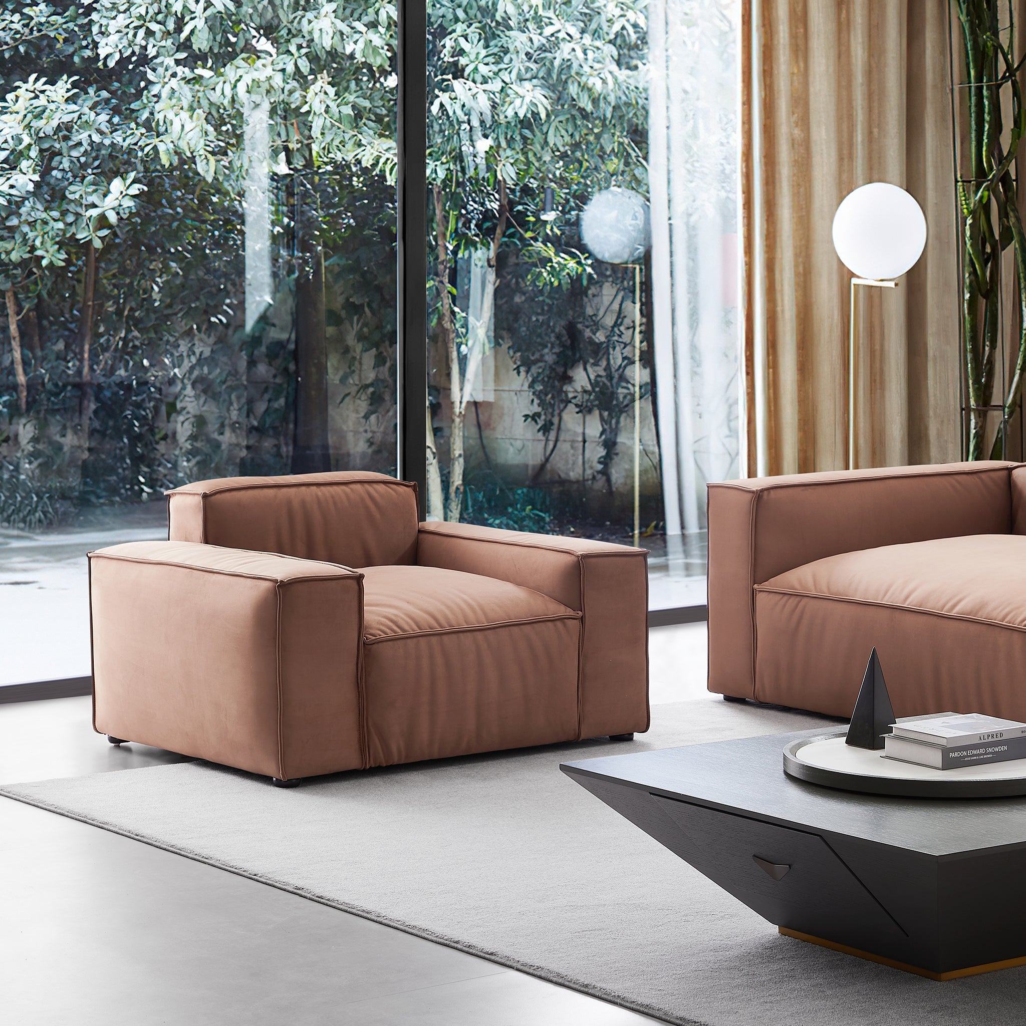 Fauteuil de luxe minimaliste en tissu marron