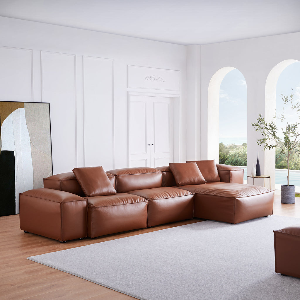 Canapé d'angle modulaire Cube en cuir véritable kaki