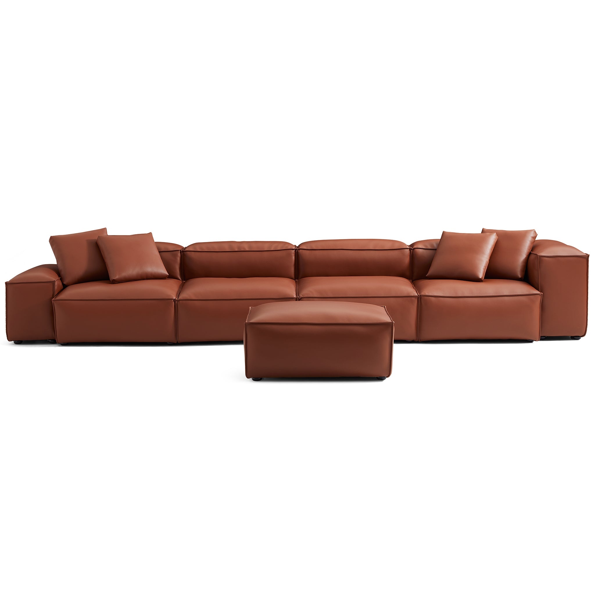 Canapé modulaire Cube en cuir véritable marron avec pouf