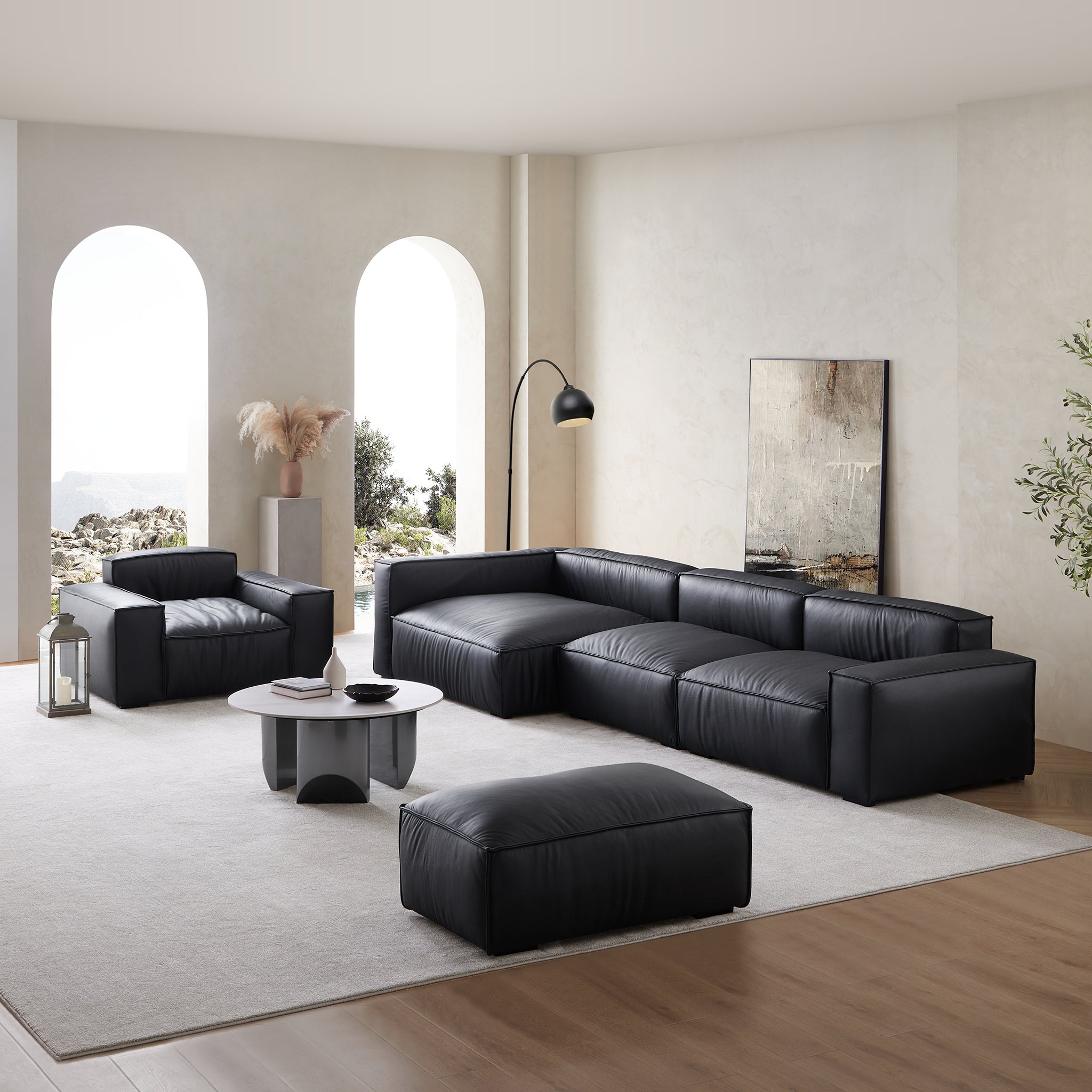 Ensemble de canapés sectionnels de luxe minimalistes en cuir noir
