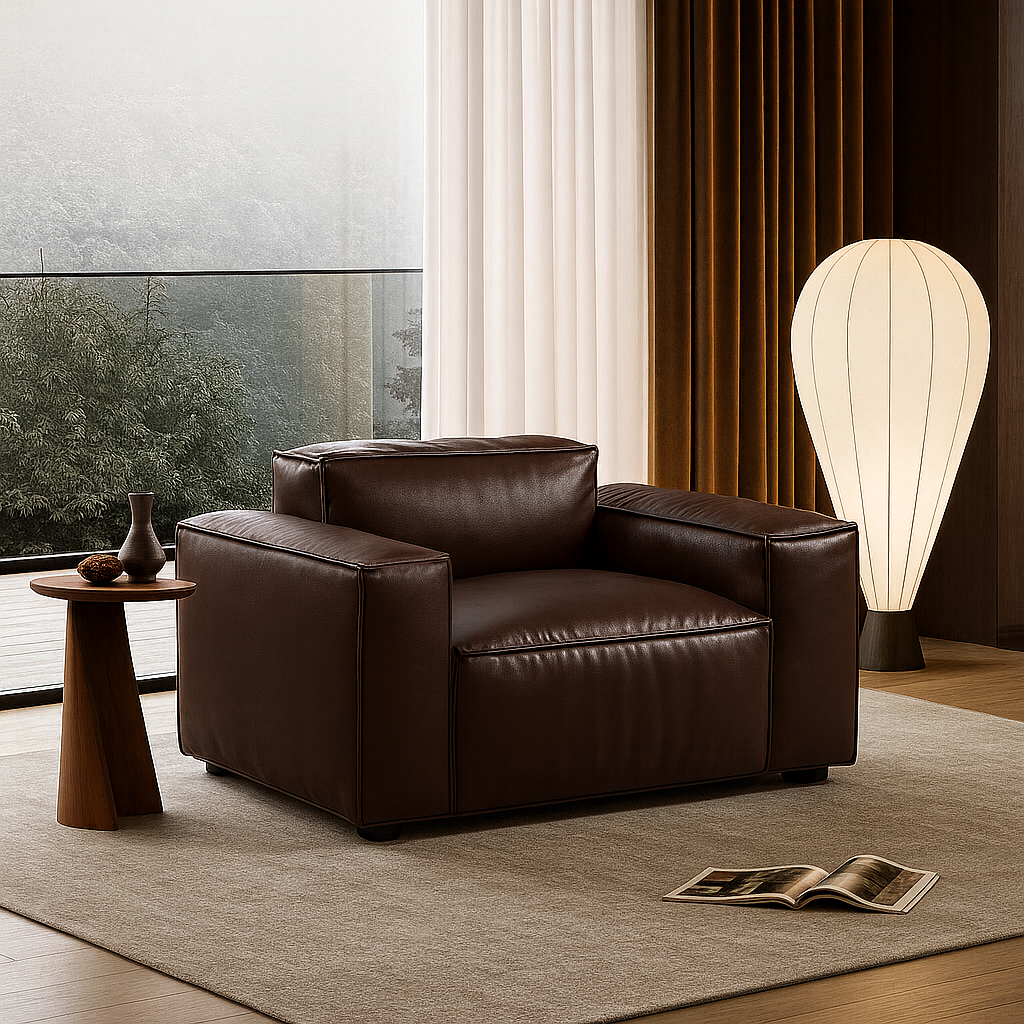 Fauteuil de luxe minimaliste en cuir marron foncé