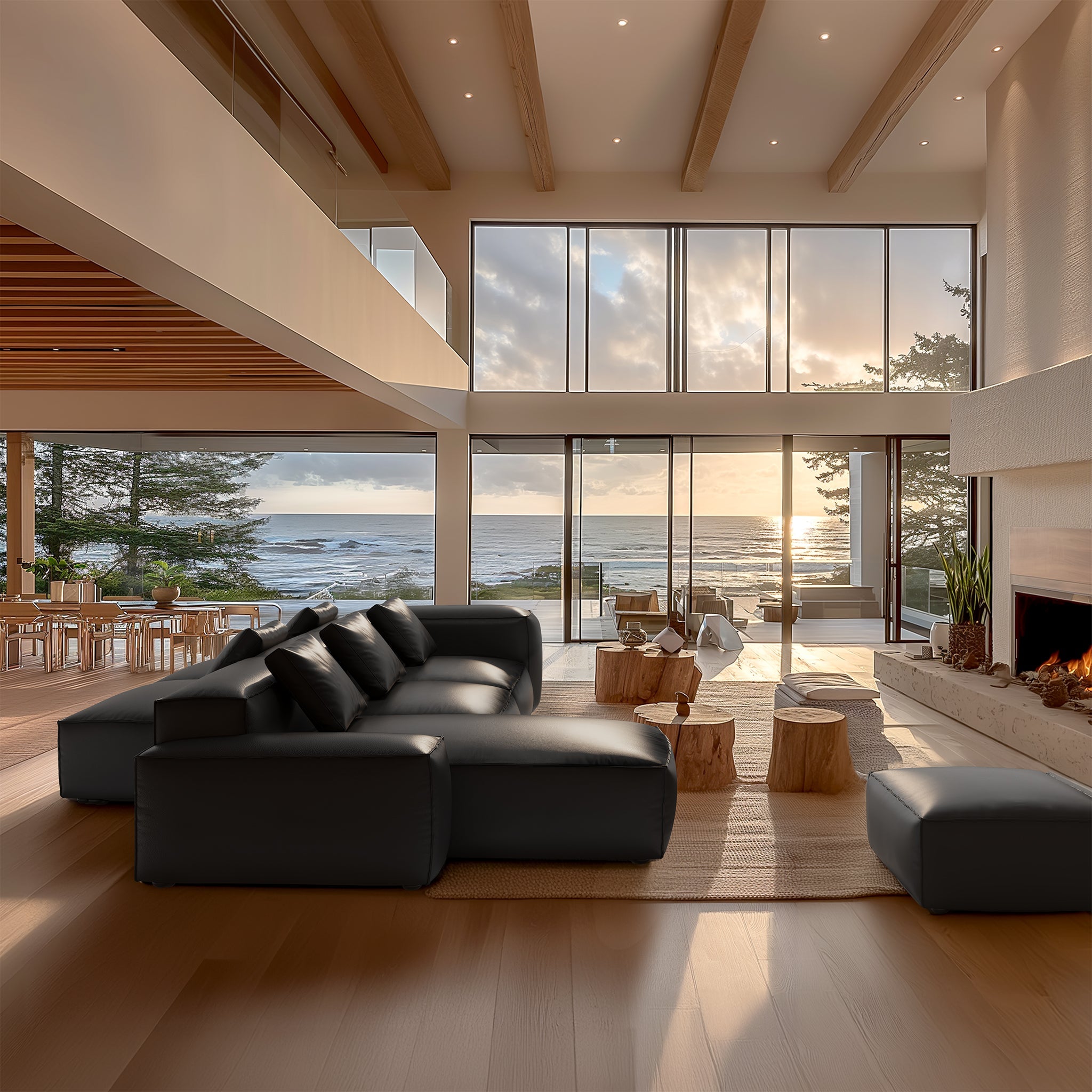 Canapé d'angle double face modulaire en cuir véritable kaki Cube