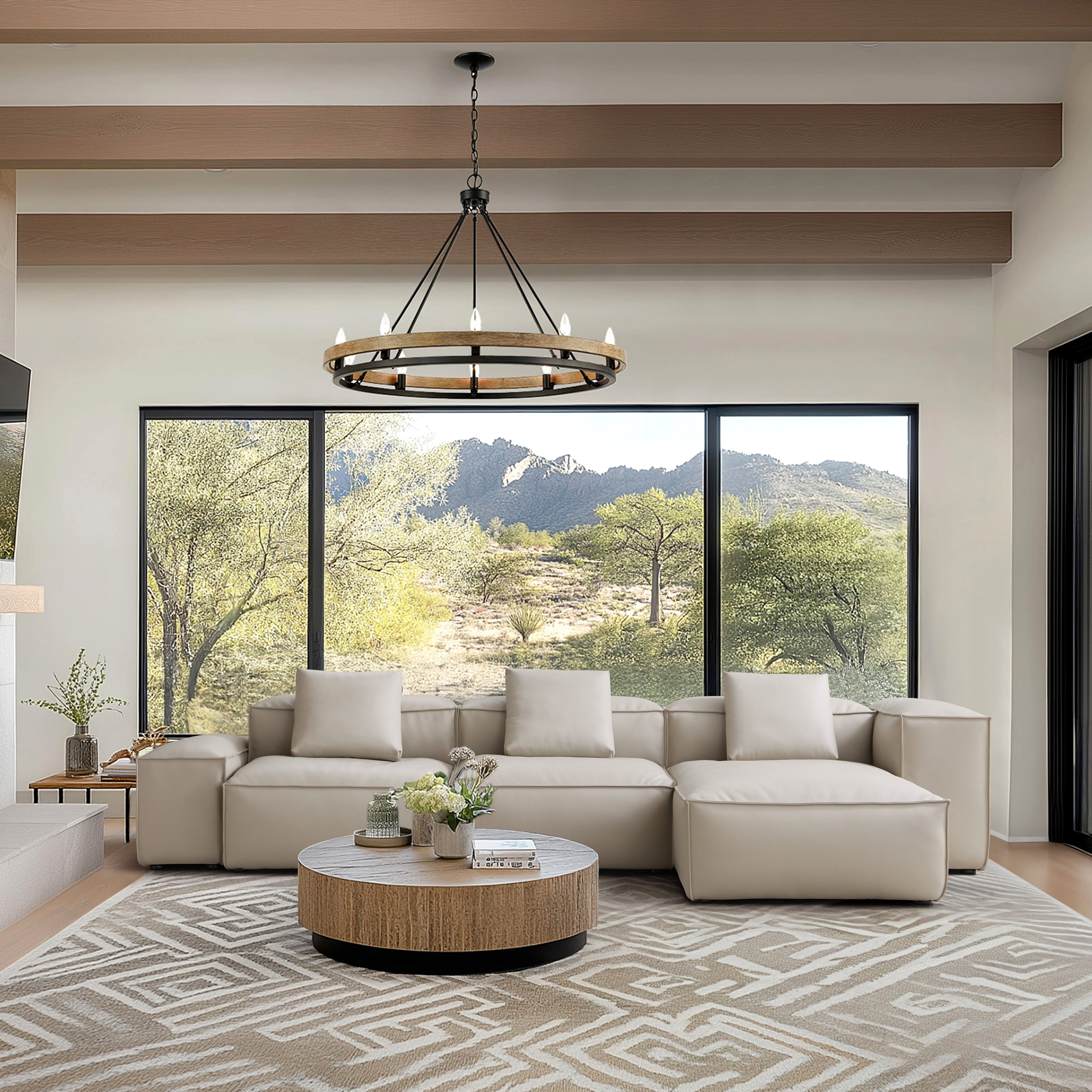 Canapé d'angle modulaire Cube en cuir véritable beige