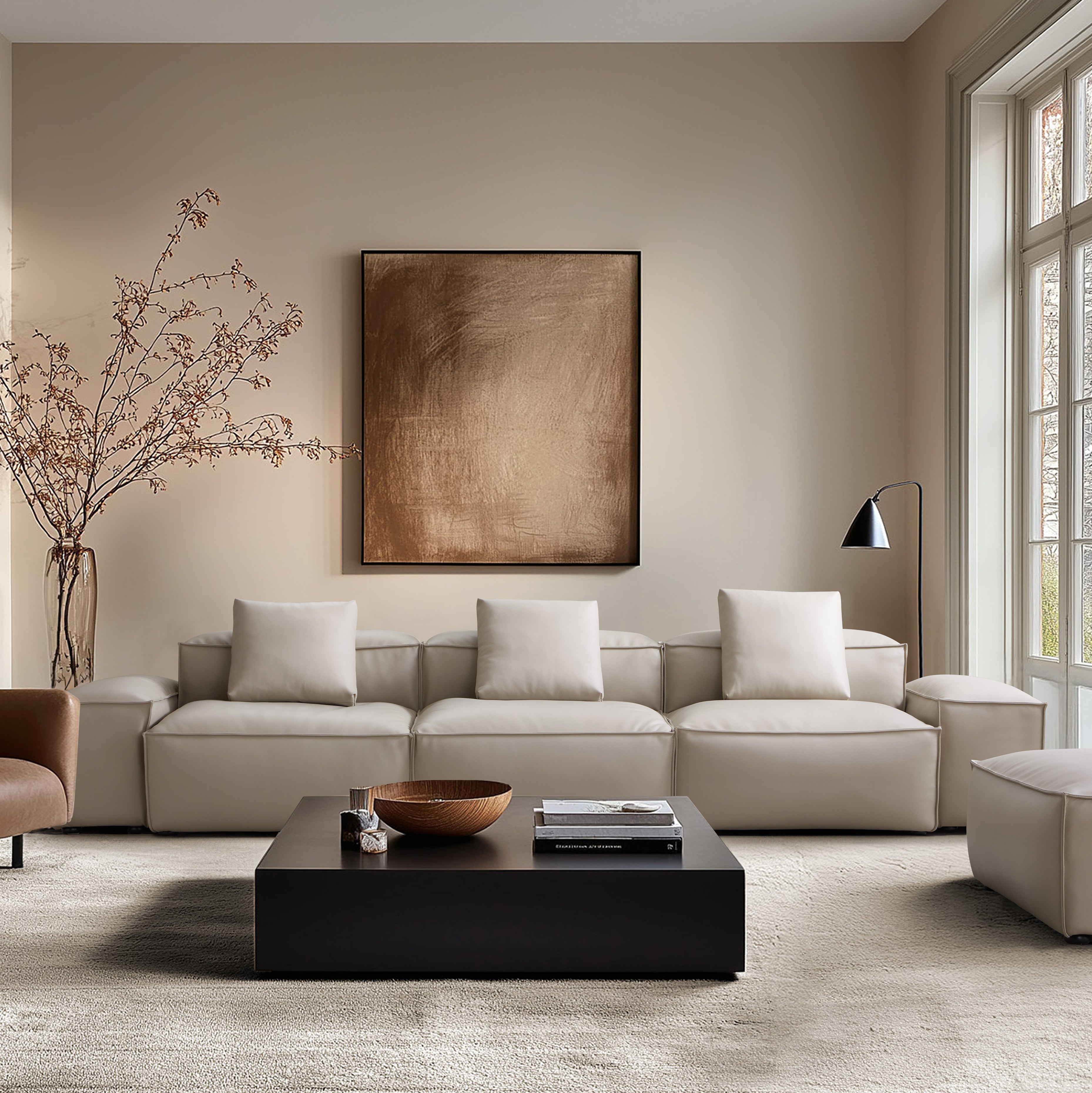 Canapé modulaire Cube en cuir véritable beige