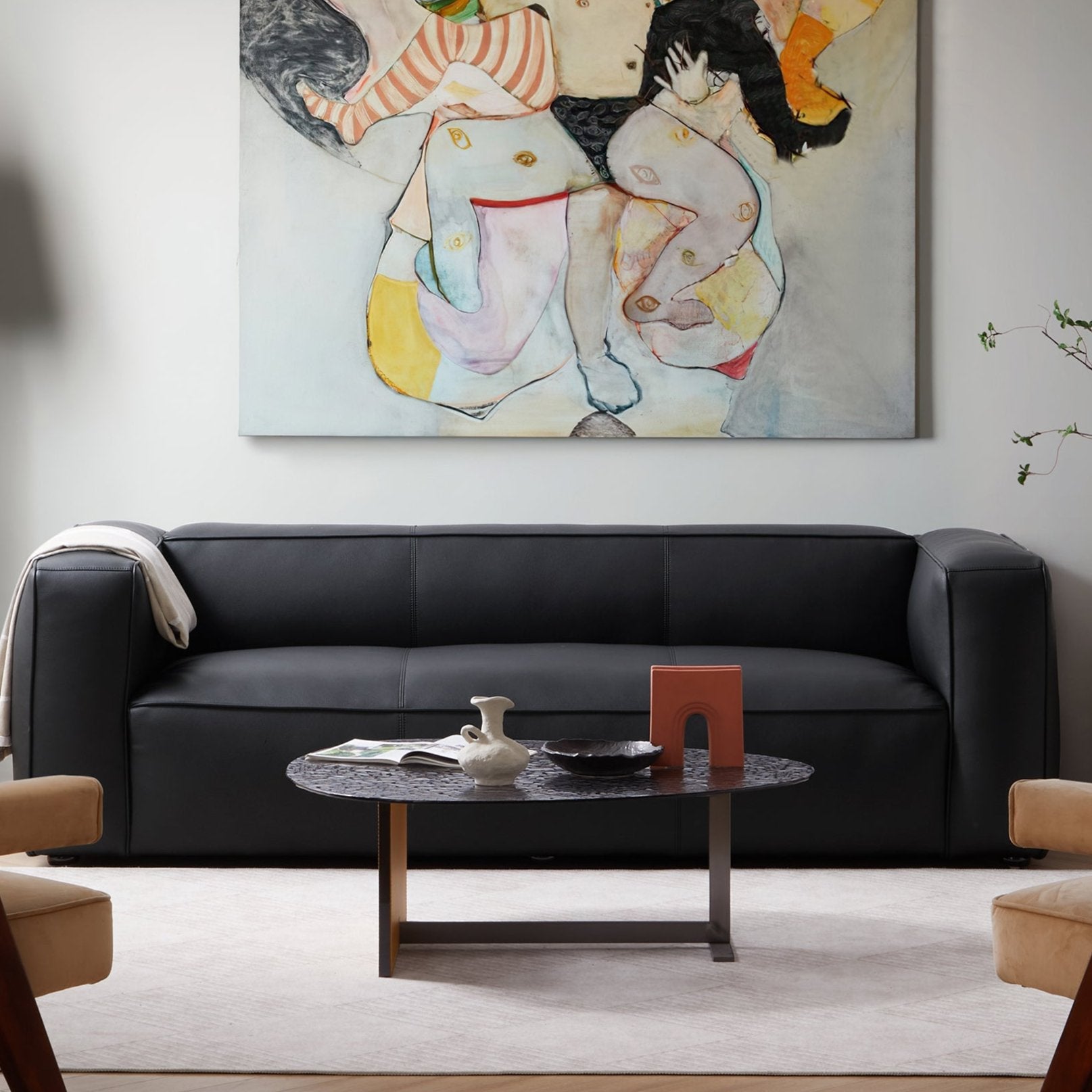 Canapé smoking en cuir véritable beige rouille