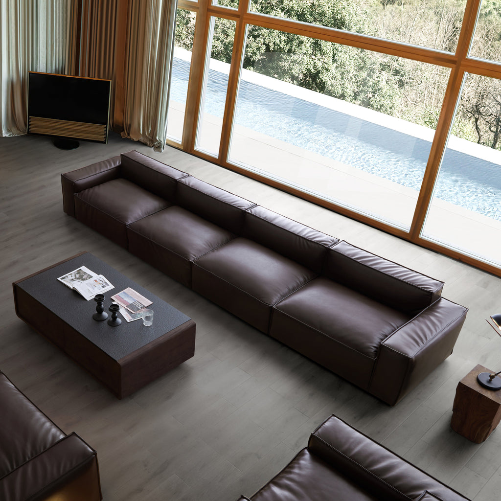 Canapé de luxe minimaliste en cuir marron foncé