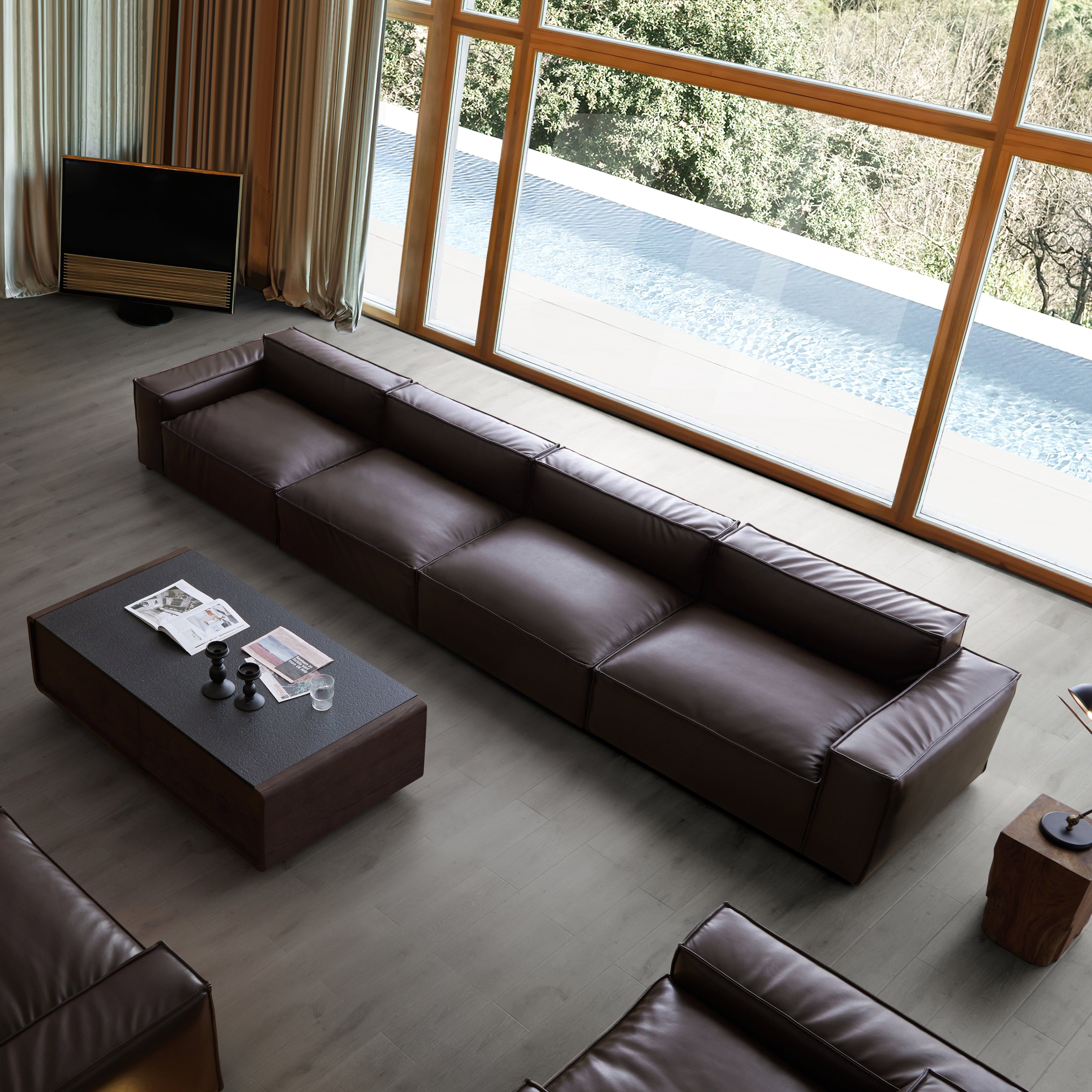 Canapé de luxe minimaliste en cuir marron foncé