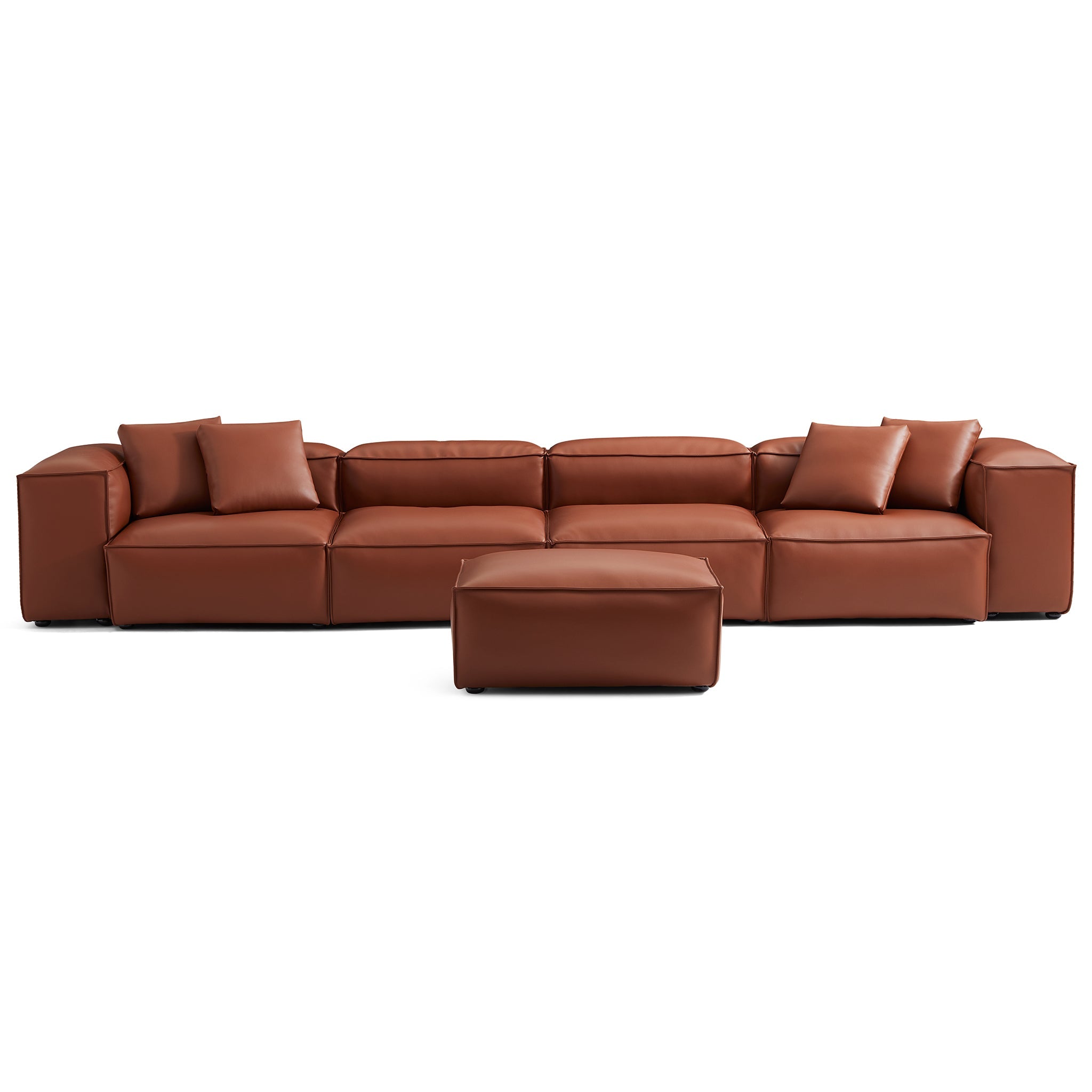 Canapé modulaire Cube en cuir véritable marron avec pouf