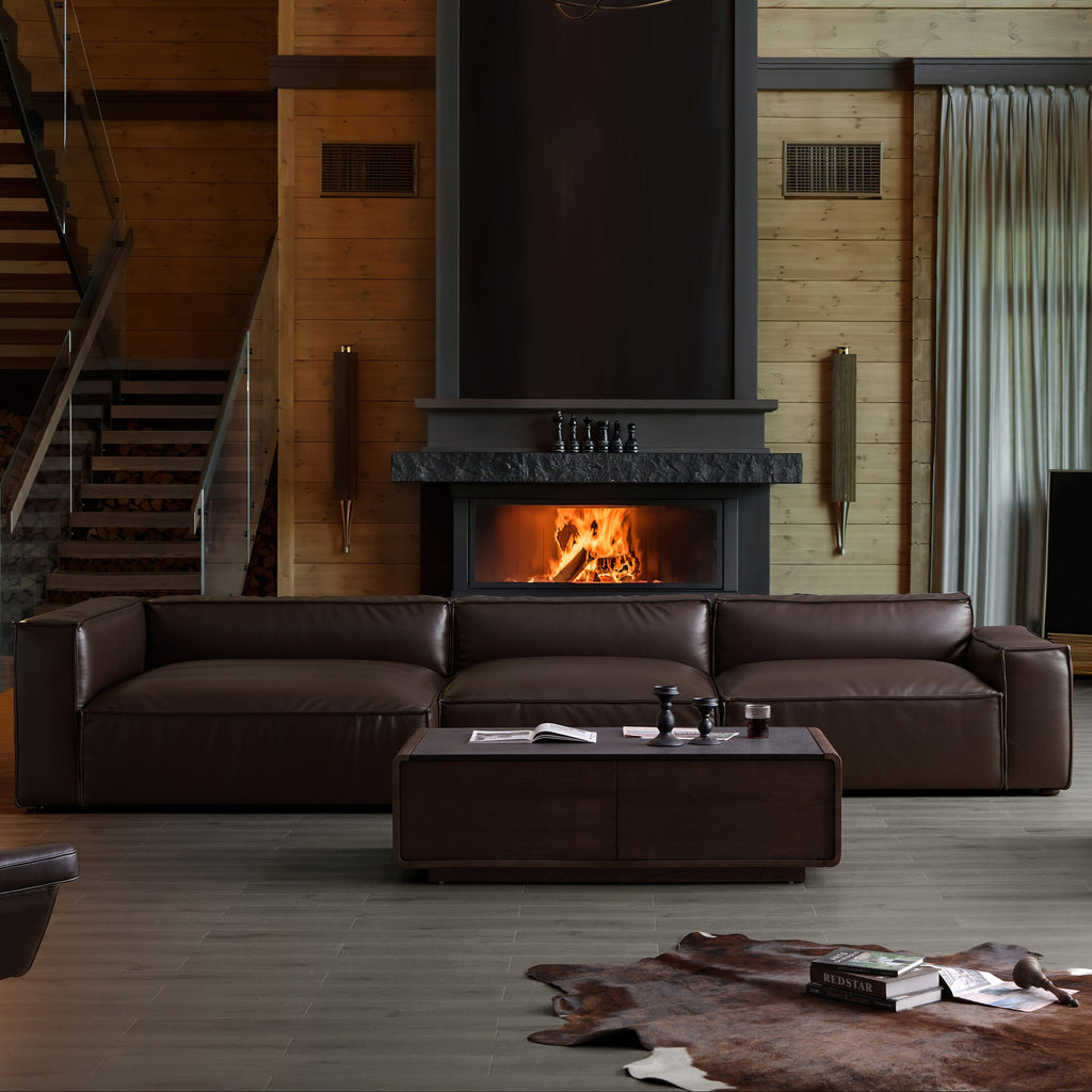 Canapé d'angle minimaliste de luxe en cuir marron foncé