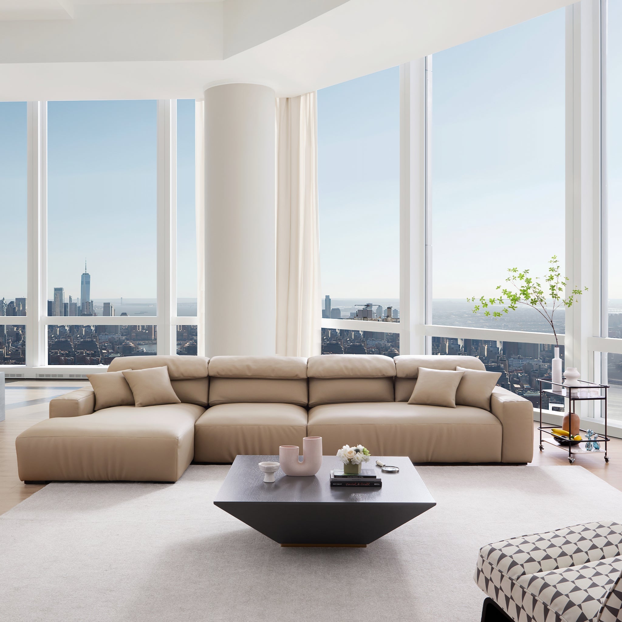 Canapé d'angle en cuir marron kaki