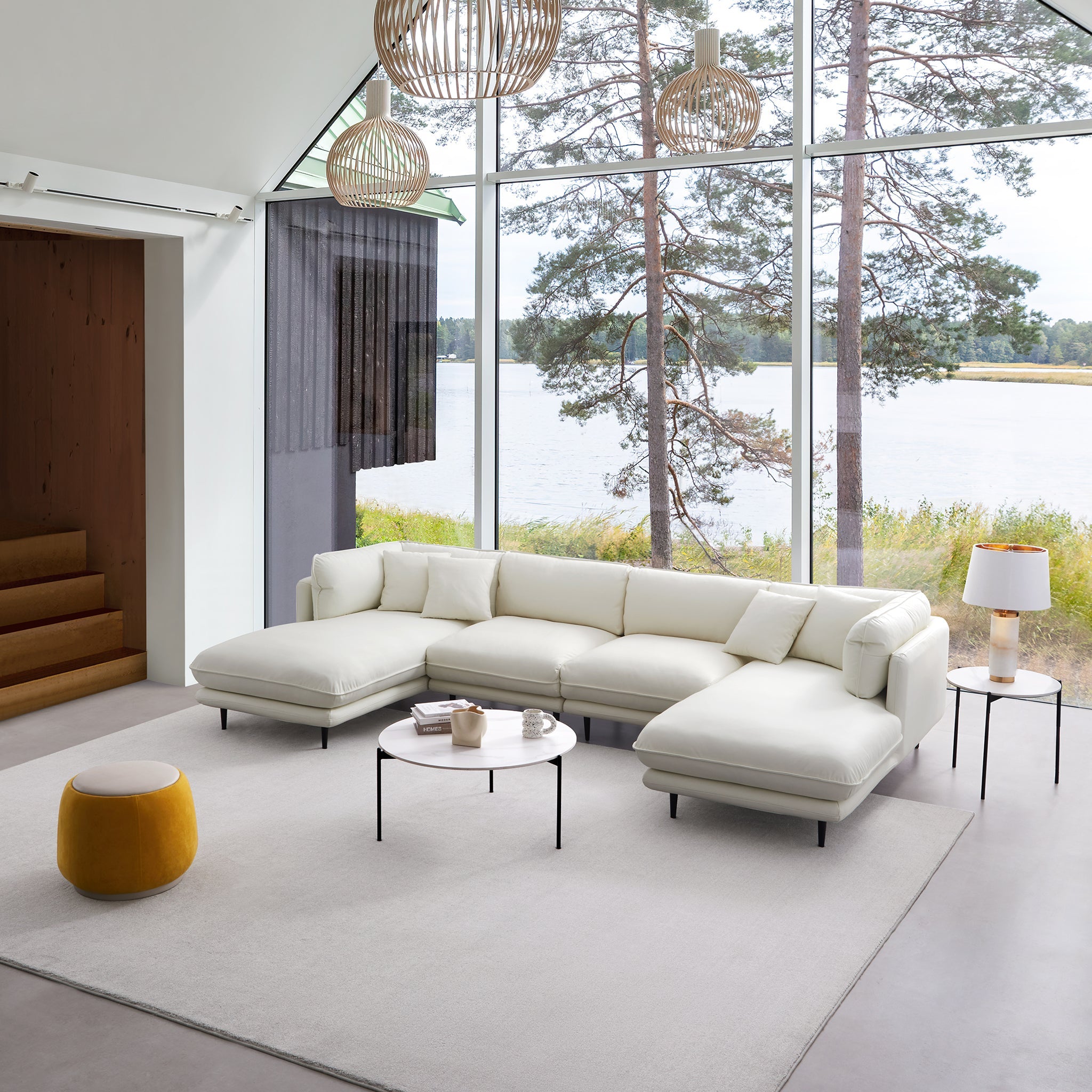 Canapé d'angle en U en cuir noir vanille