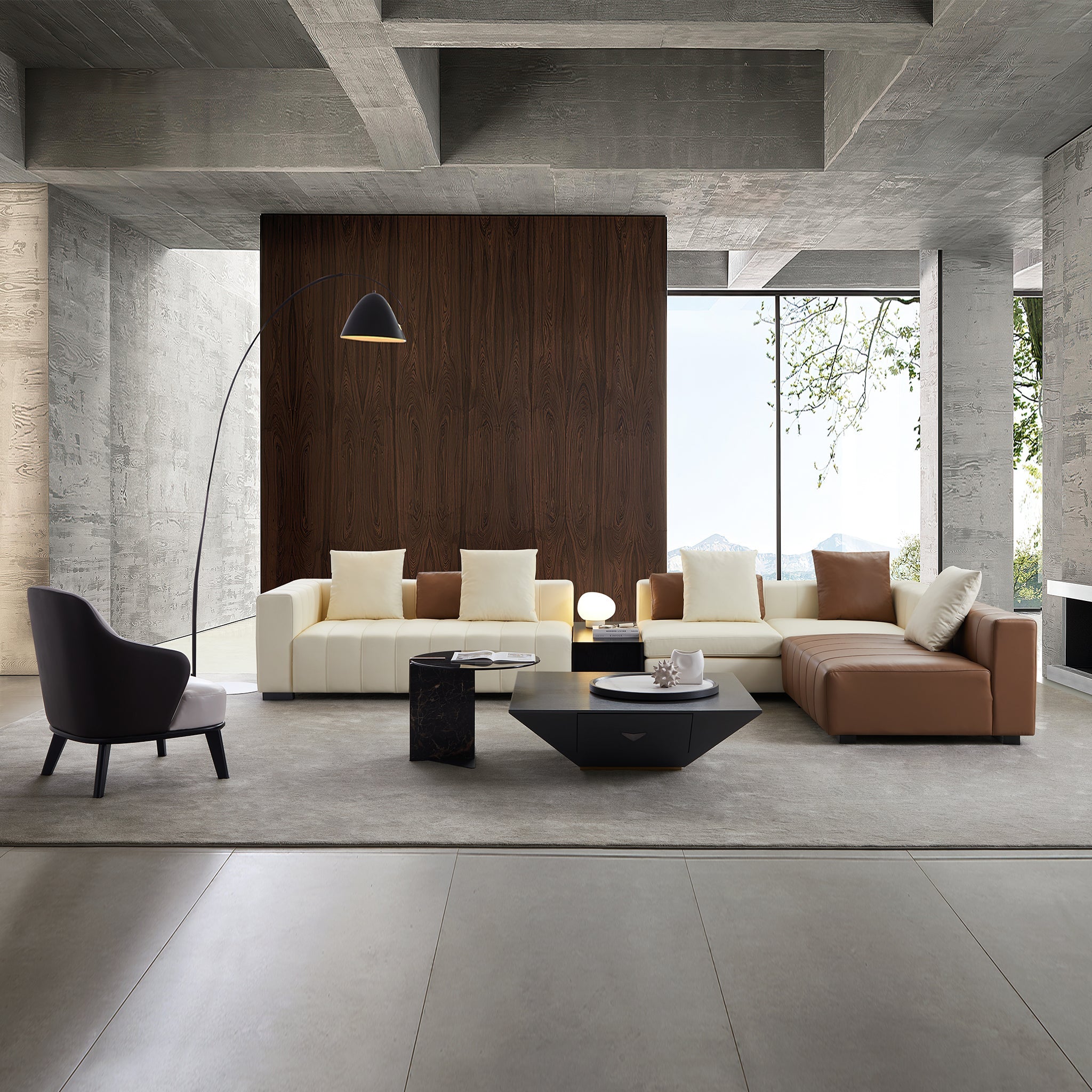 Canapé sectionnel en cuir en forme de L avec table basse