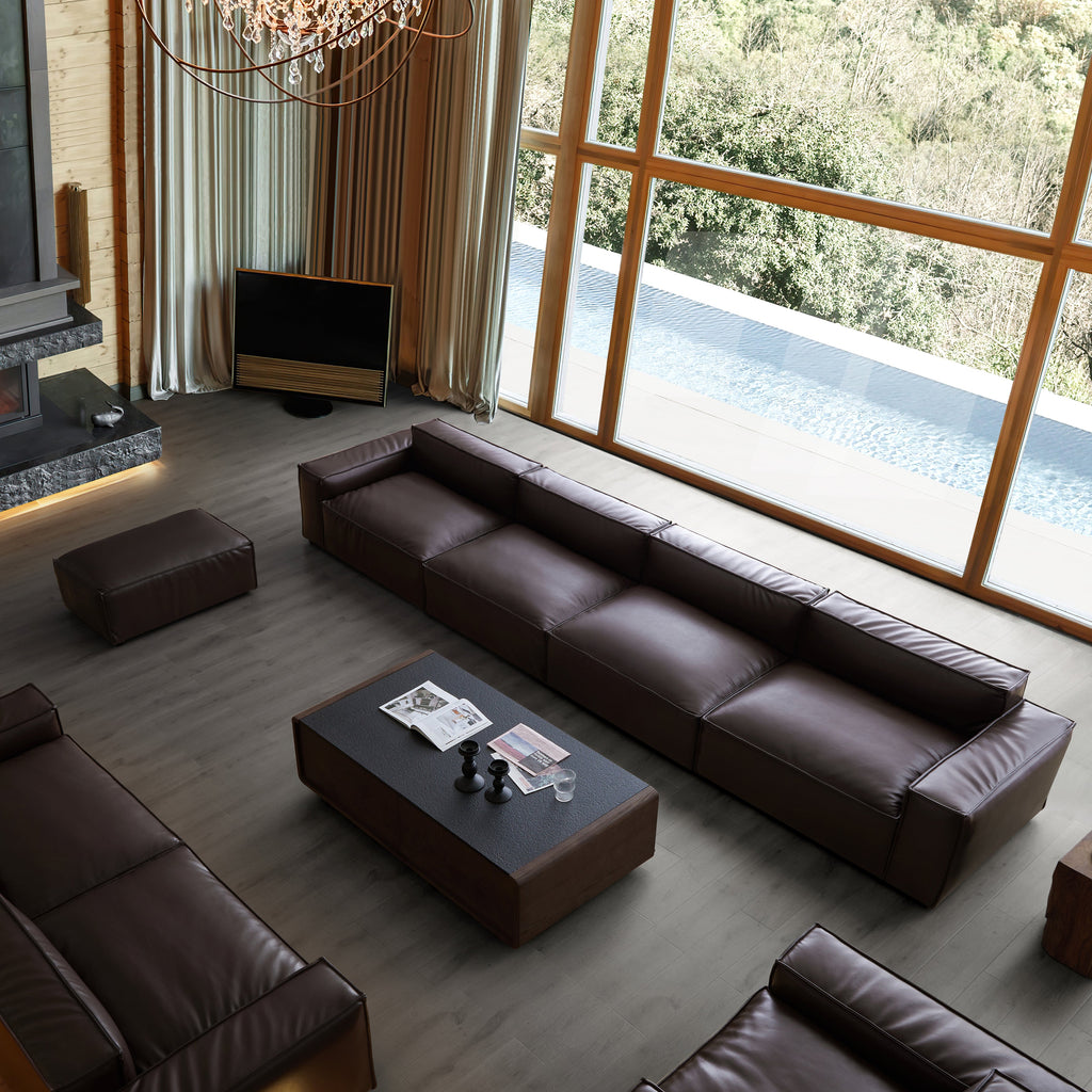 Canapé et pouf de luxe minimalistes en cuir marron foncé