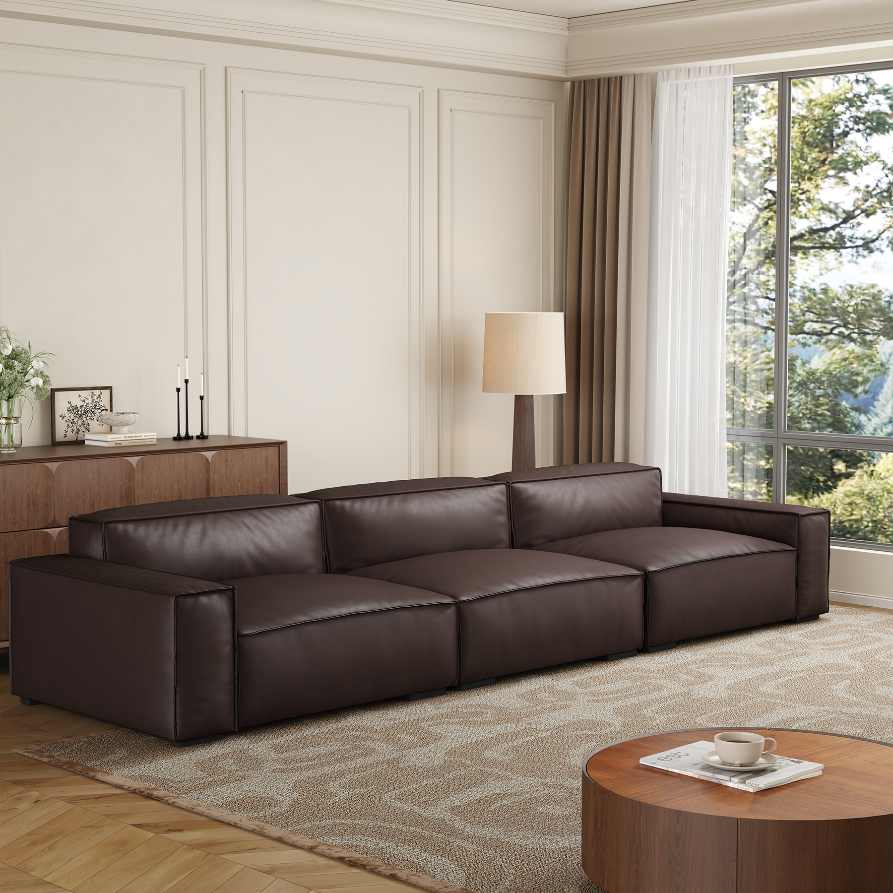 Canapé de luxe minimaliste en cuir marron foncé