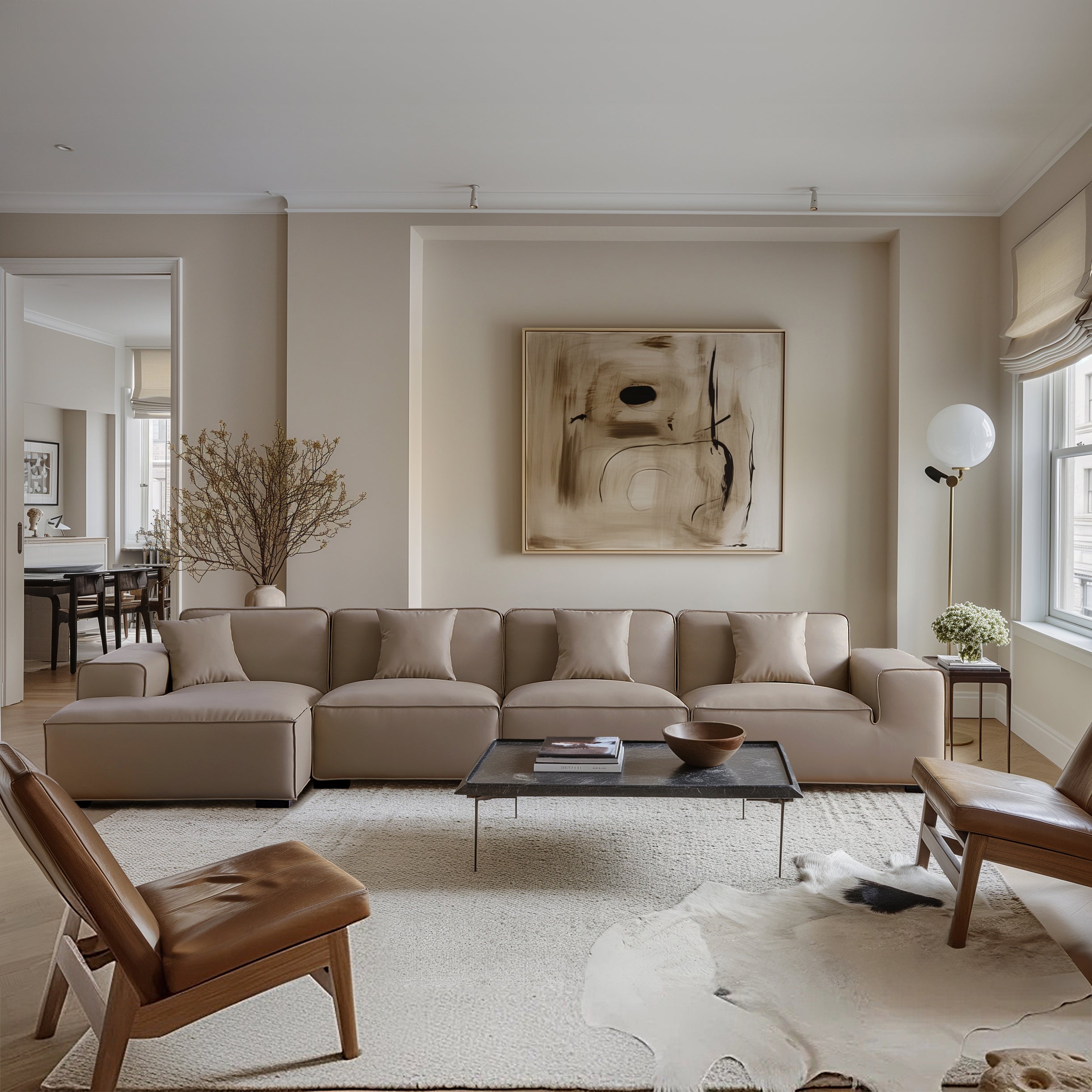 Canapé d'angle modulaire en cuir beige Domus