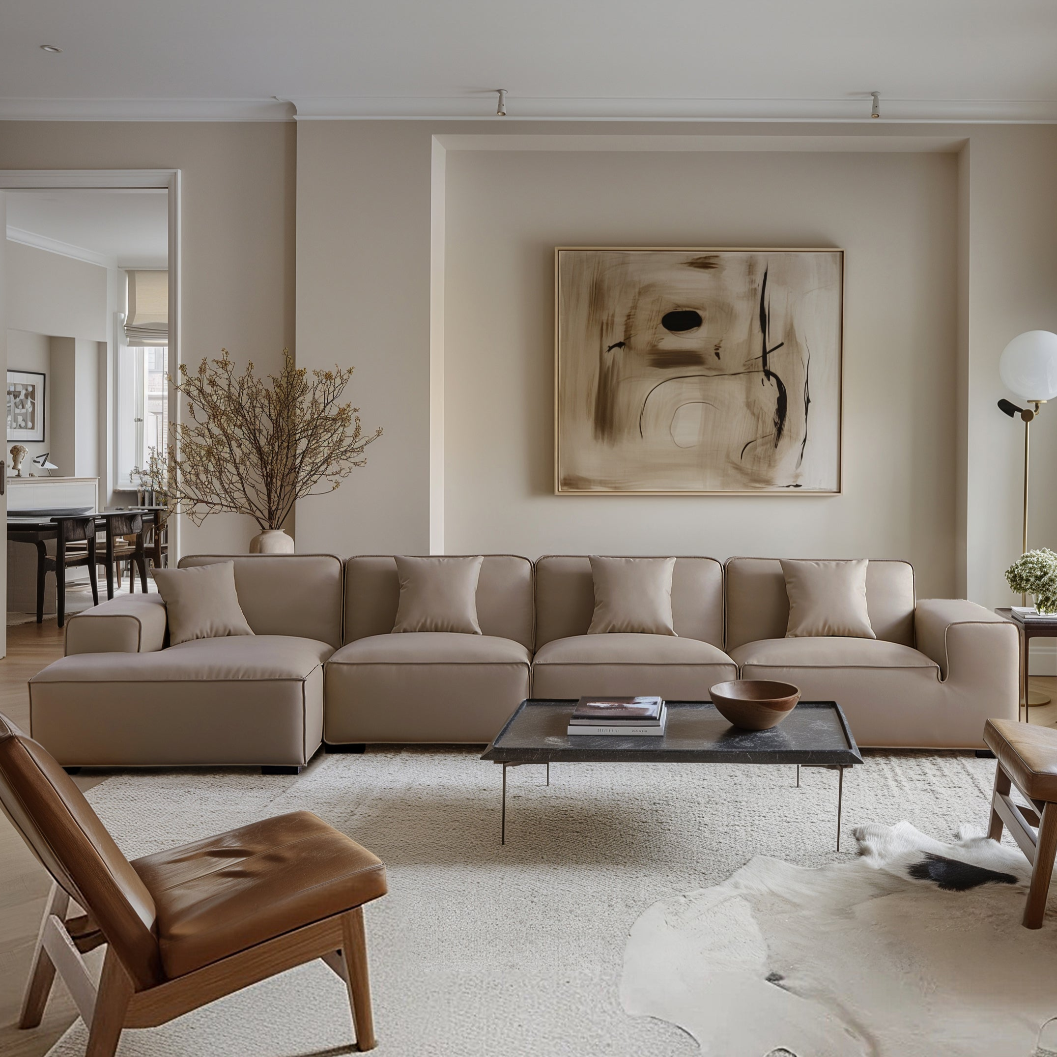 Canapé d'angle modulaire en cuir kaki Domus