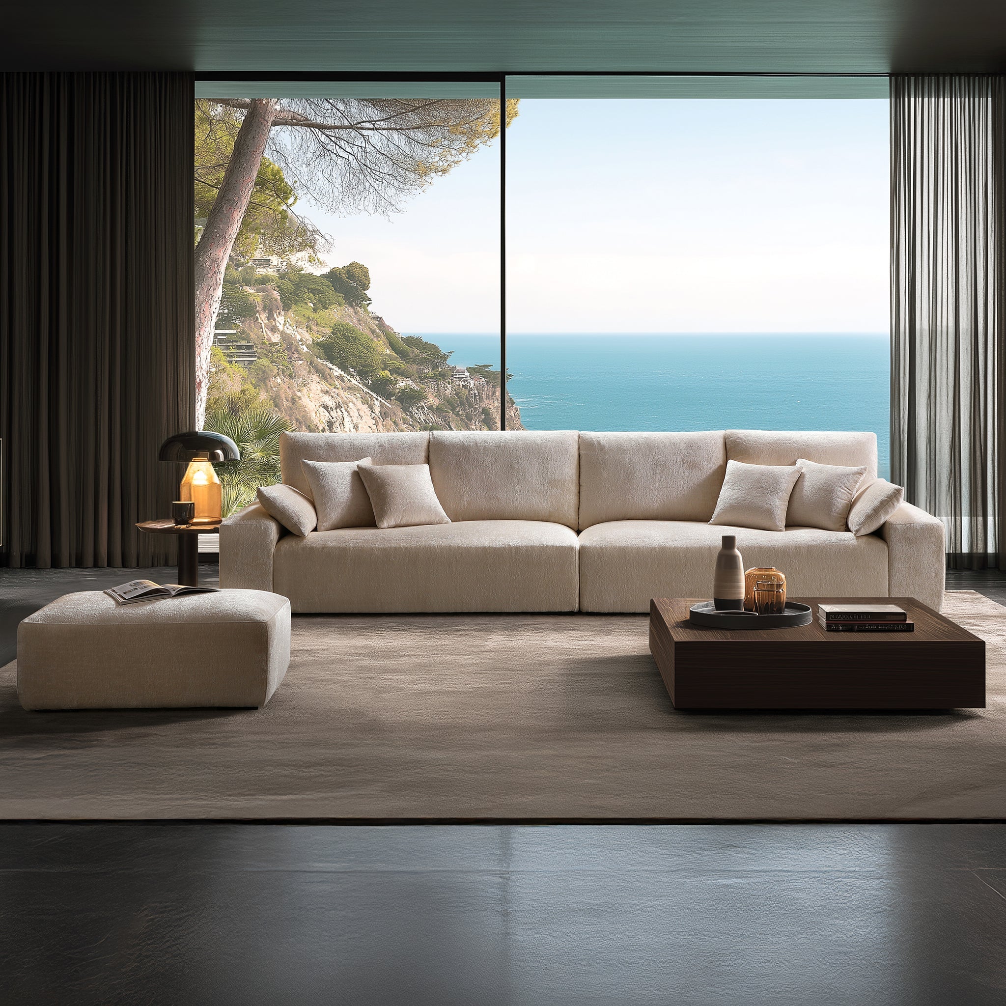 Le canapé et le pouf beiges Empress