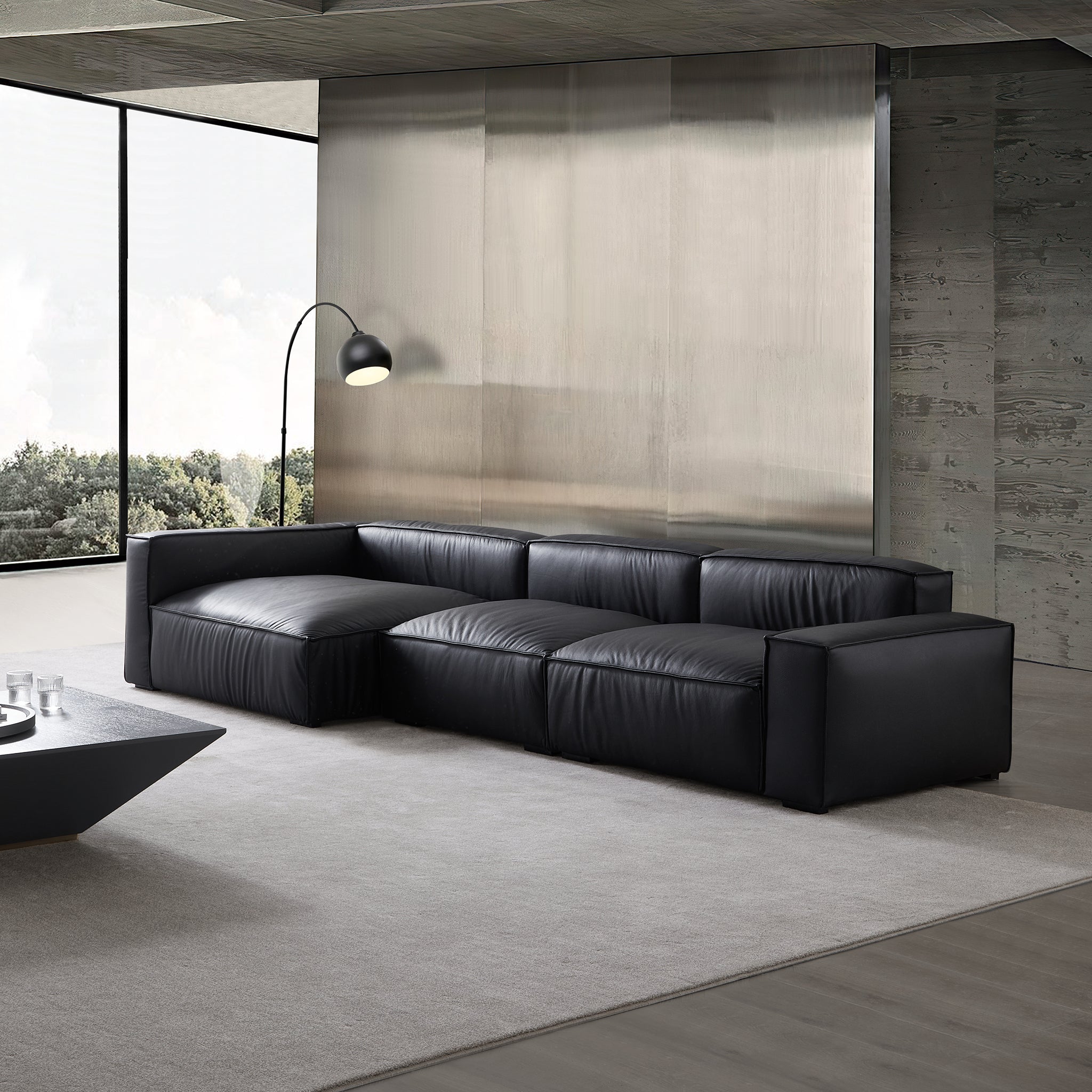 Canapé d'angle minimaliste de luxe en cuir noir