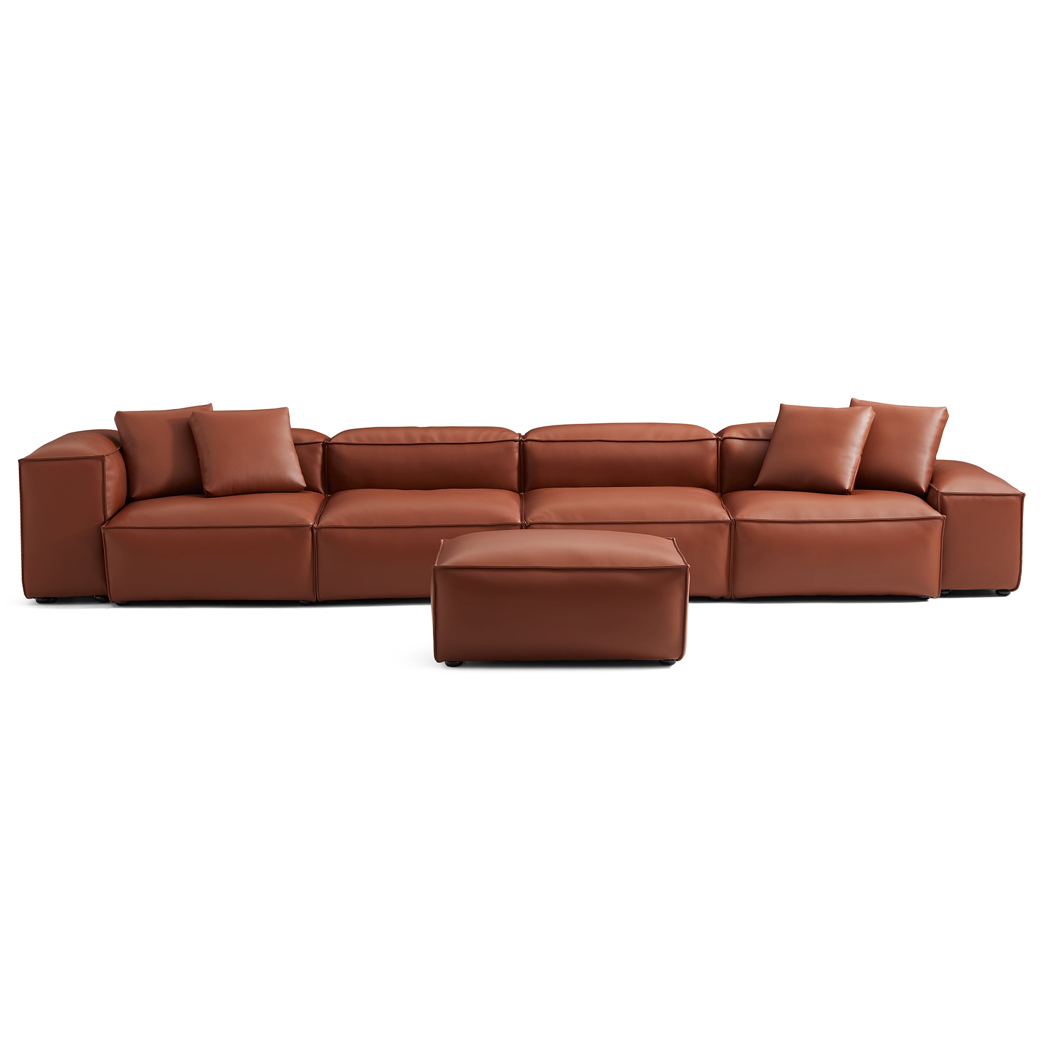 Canapé modulaire Cube en cuir véritable marron avec pouf