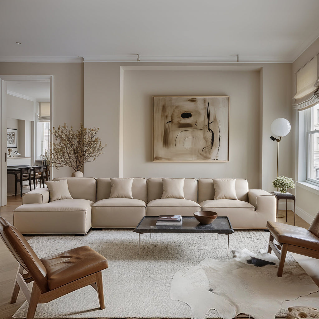 Canapé d'angle modulaire en cuir beige Domus