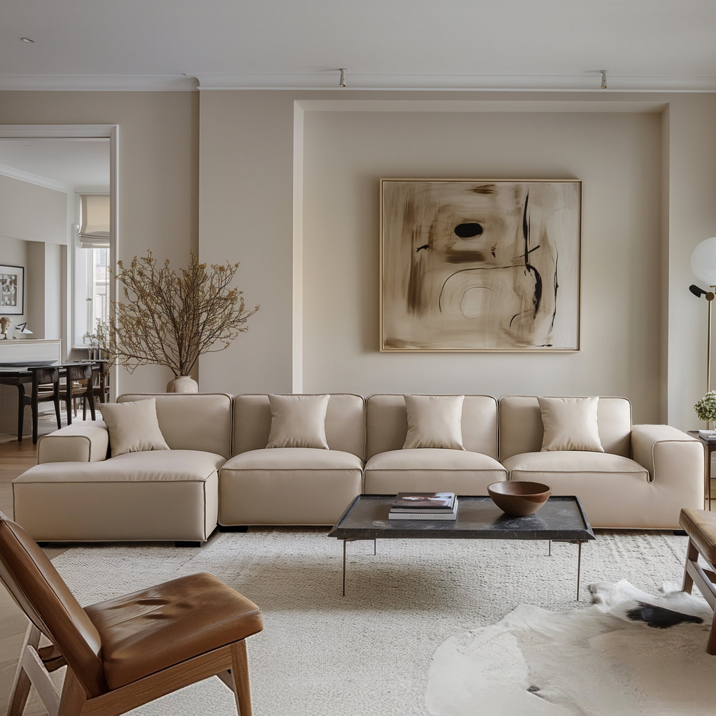 Canapé d'angle modulaire en cuir beige Domus