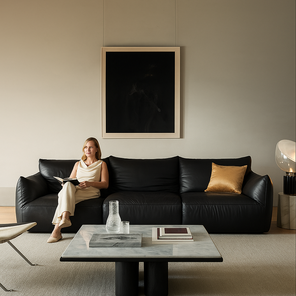 Canapé en cuir pleine fleur Croissant Noir
