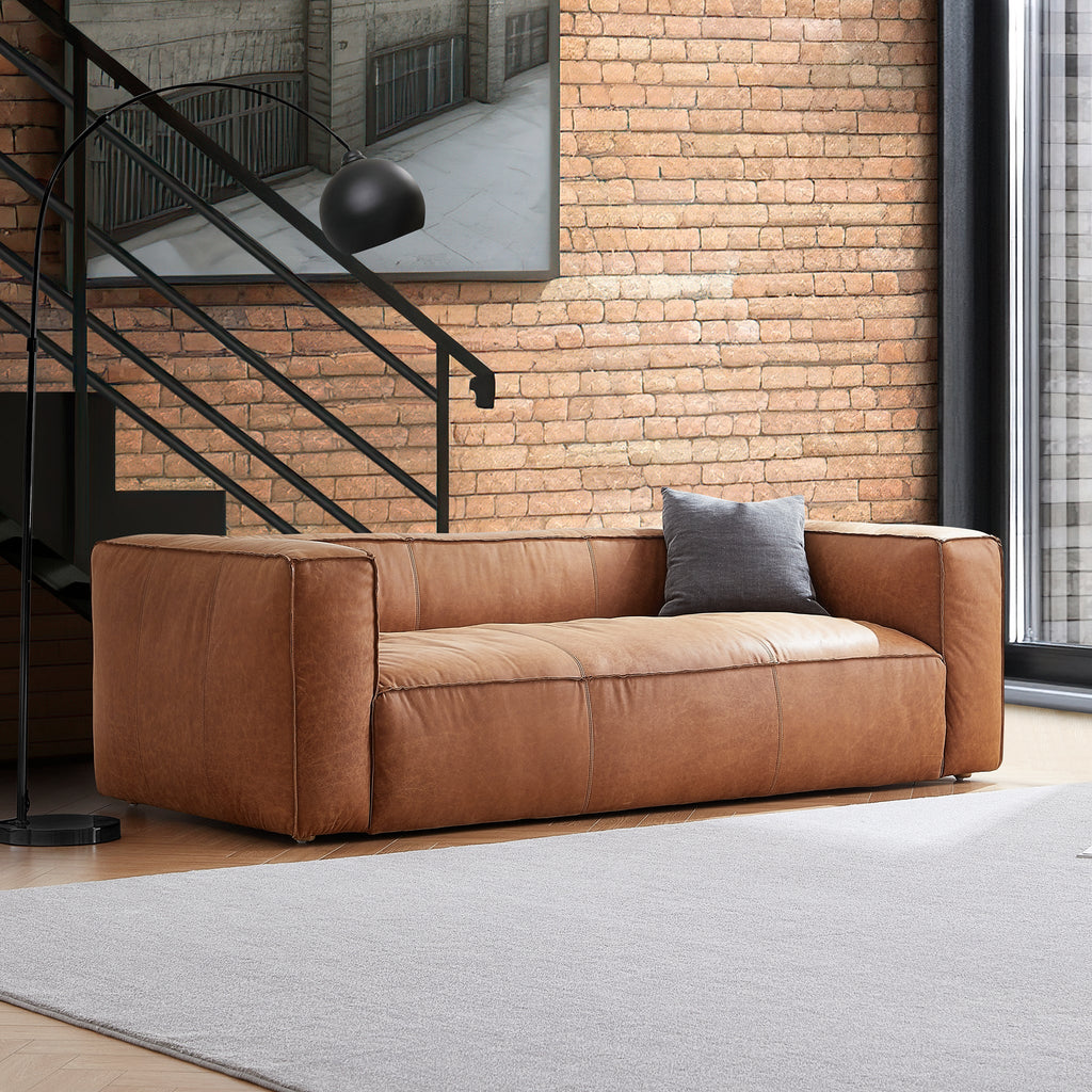 Canapé smoking en cuir véritable beige rouille