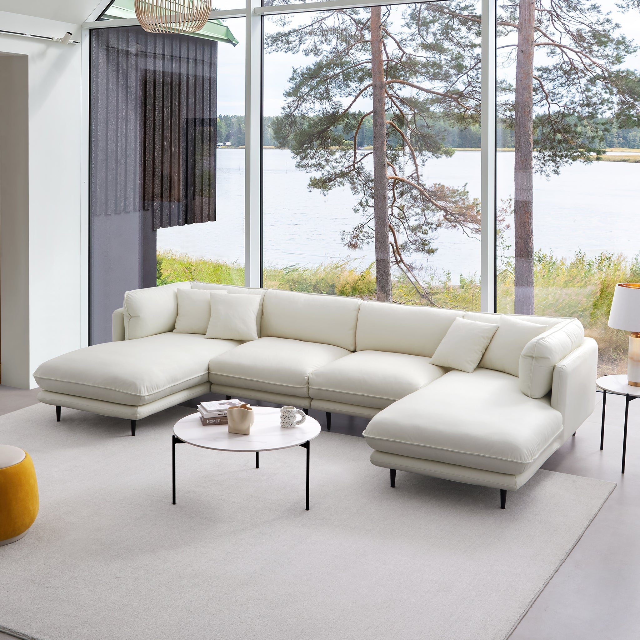 Canapé d'angle en U en cuir noir vanille