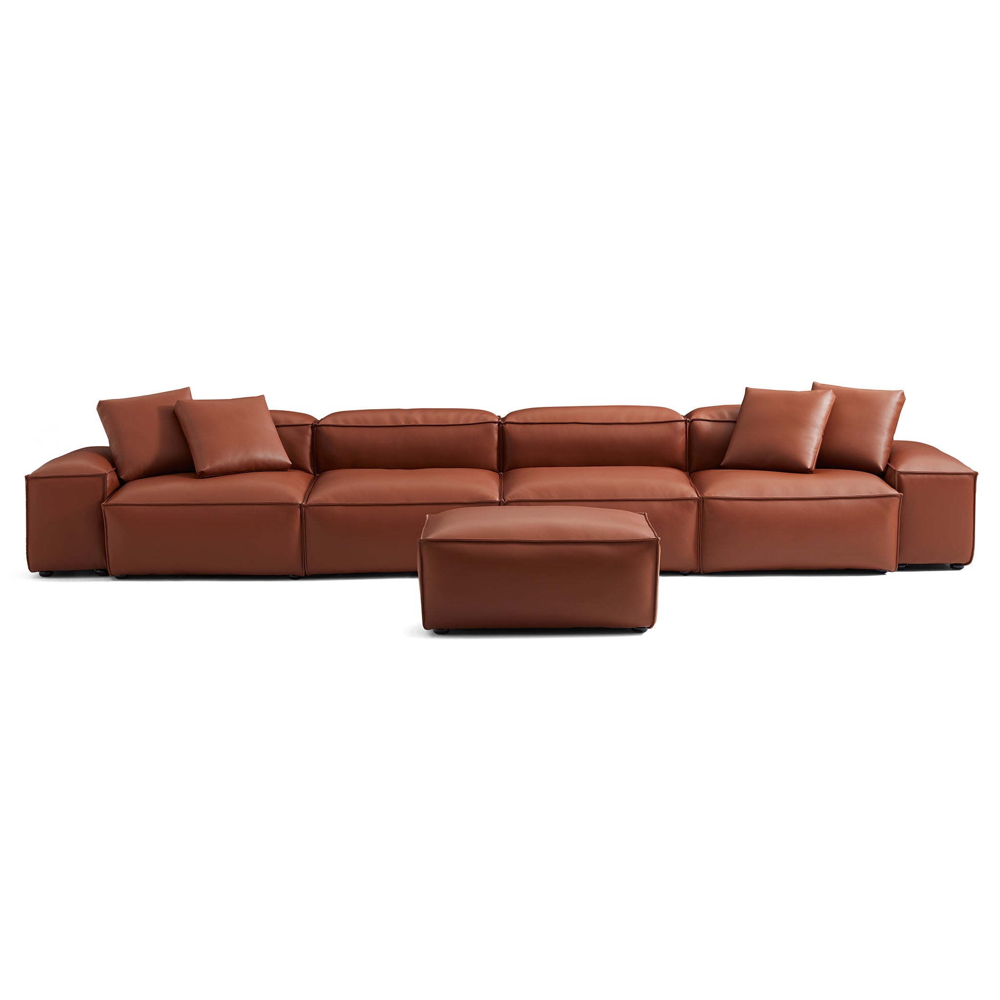 Canapé modulaire Cube en cuir véritable marron avec pouf