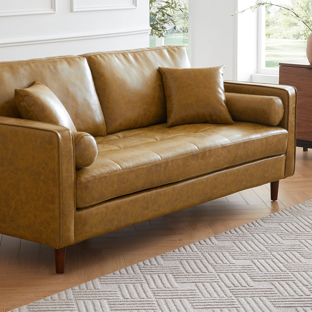 Causeuse en cuir beige rétro de style milieu de siècle