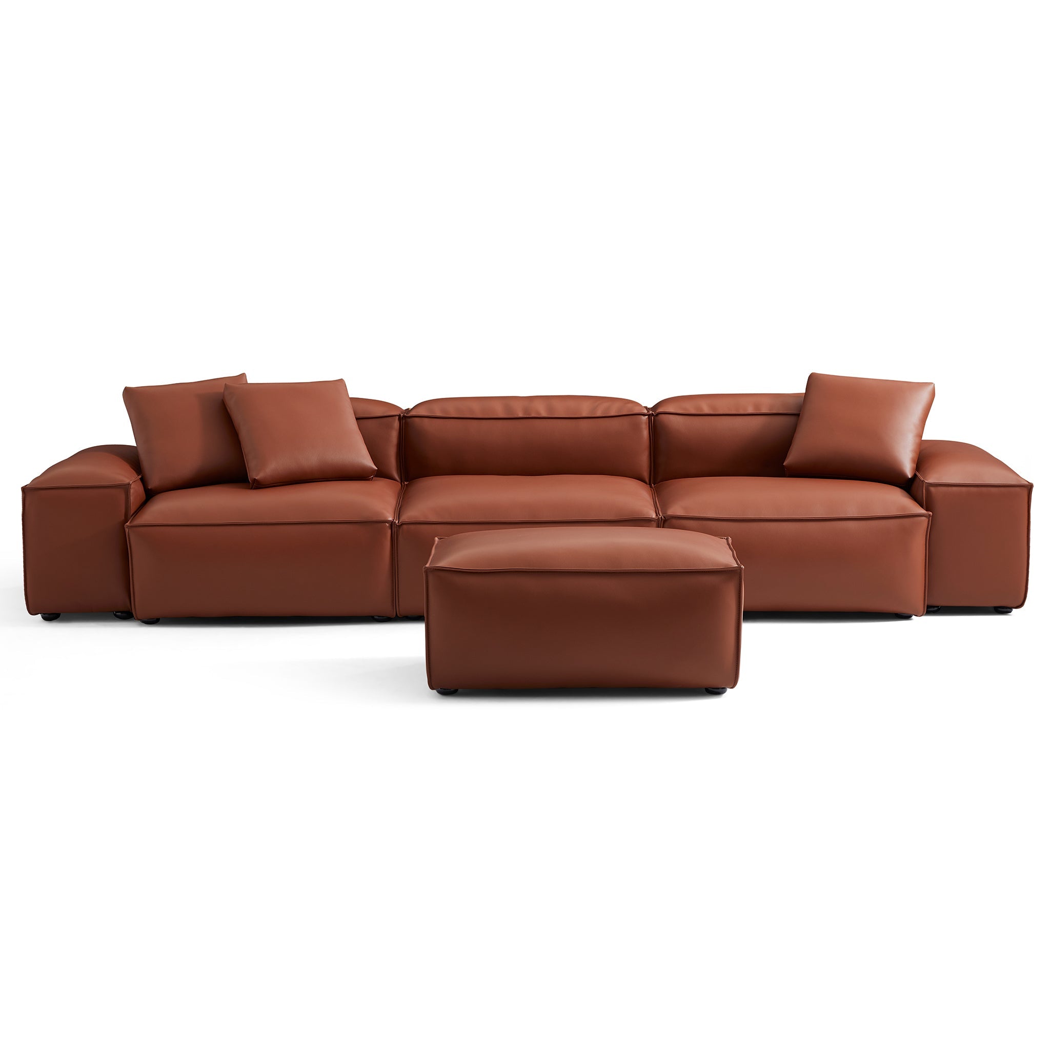 Canapé modulaire Cube en cuir véritable marron avec pouf