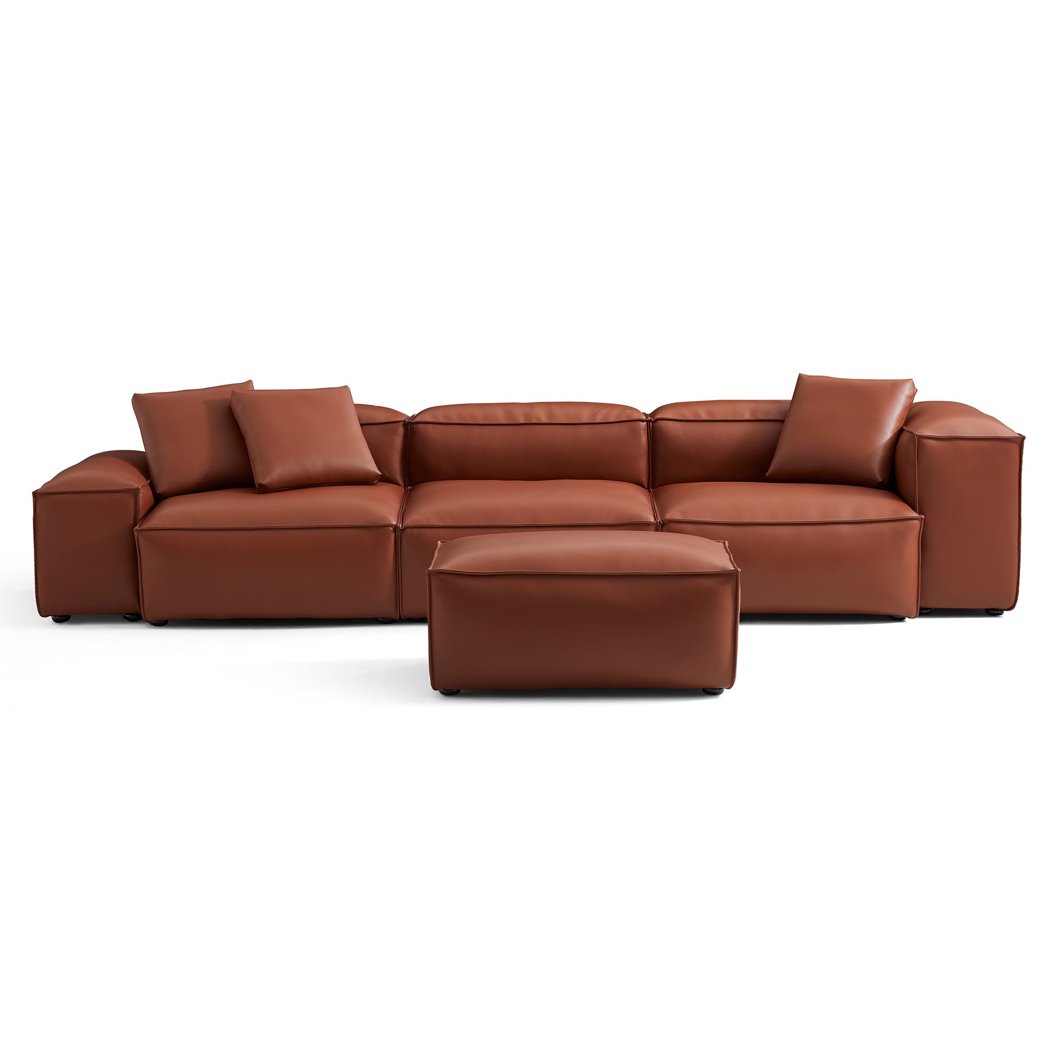 Canapé modulaire Cube en cuir véritable marron avec pouf