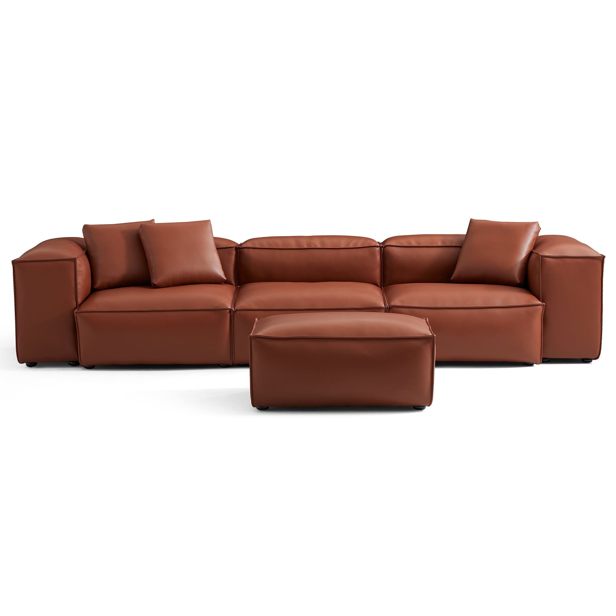 Canapé modulaire Cube en cuir véritable marron avec pouf