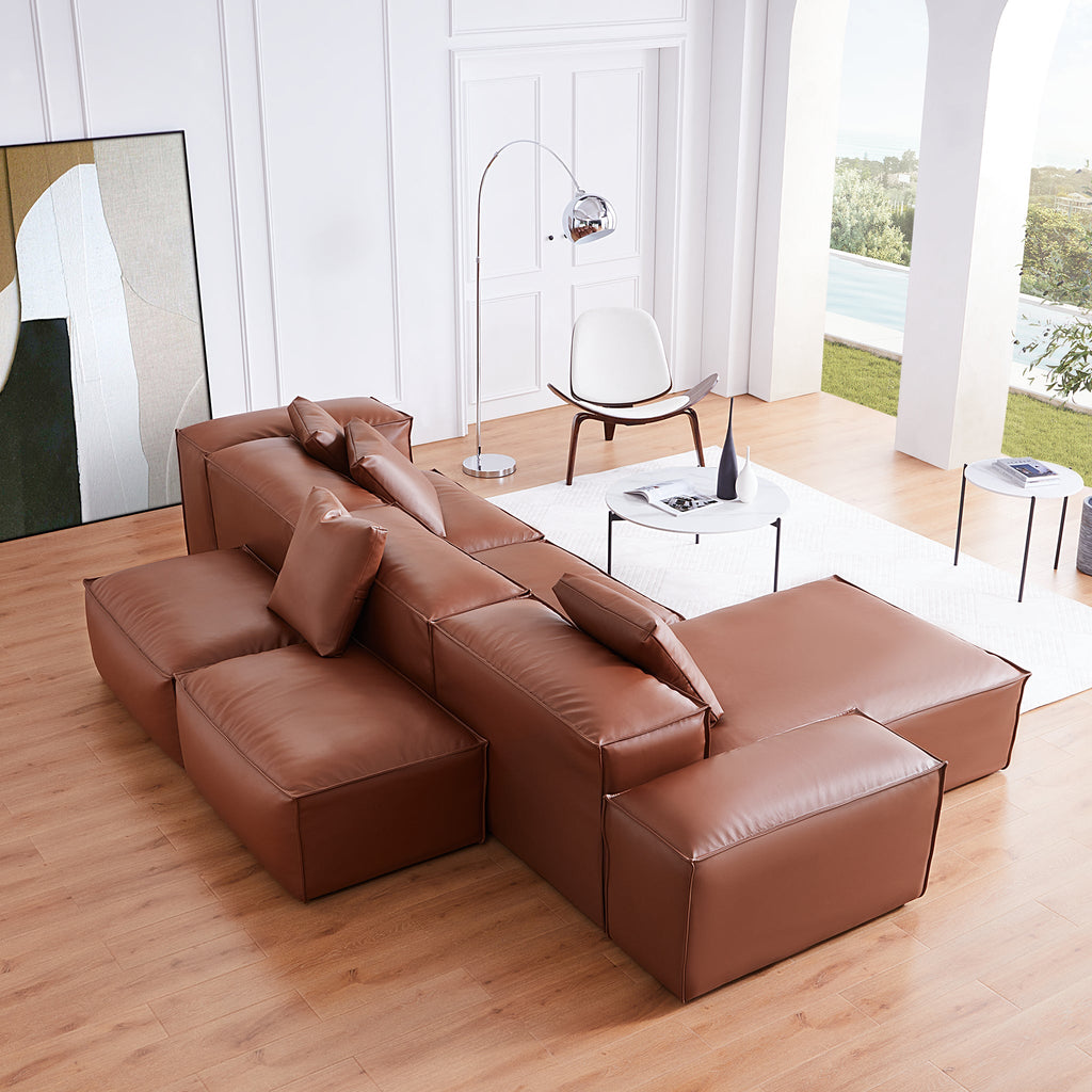 Canapé d'angle double face modulaire en cuir véritable kaki Cube