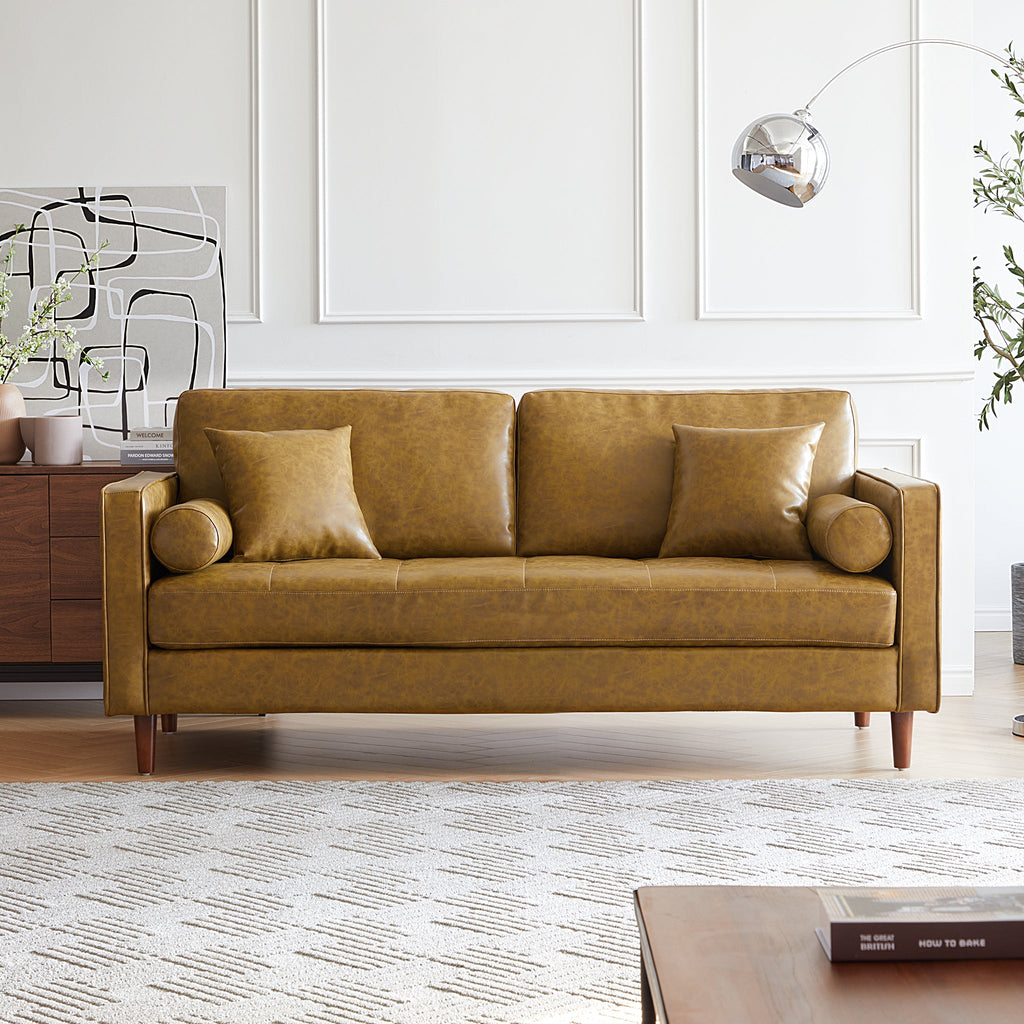 Causeuse en cuir beige rétro de style milieu de siècle