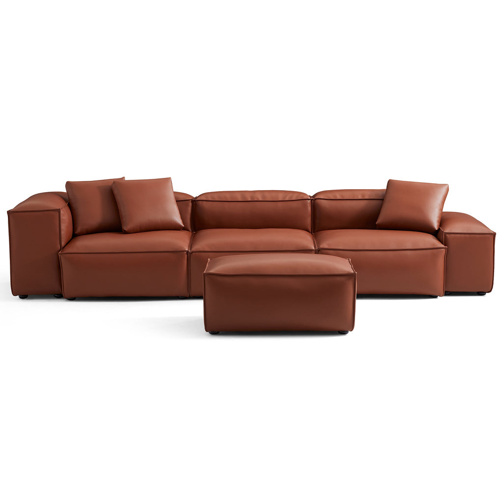 Canapé modulaire Cube en cuir véritable marron avec pouf