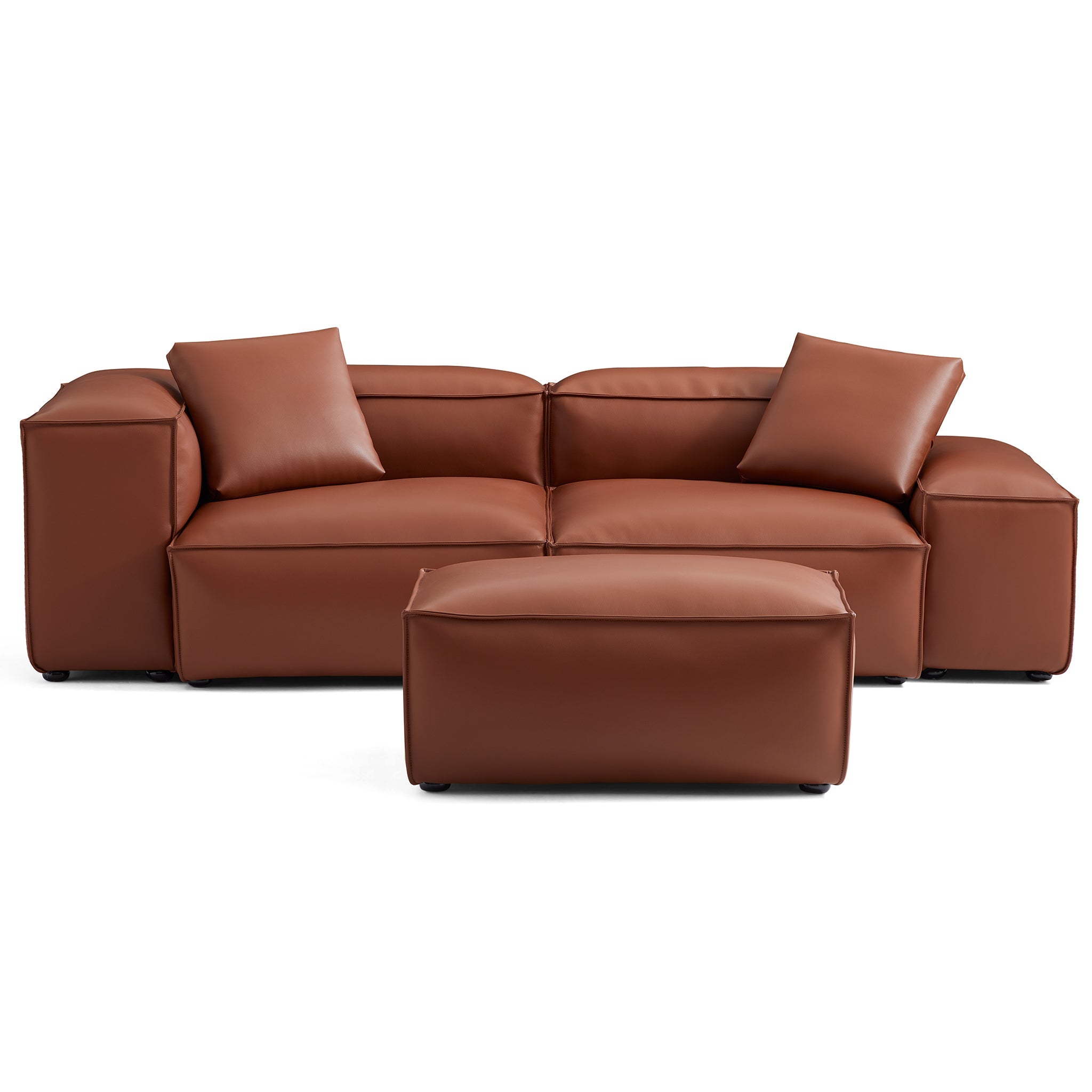 Canapé modulaire Cube en cuir véritable marron avec pouf
