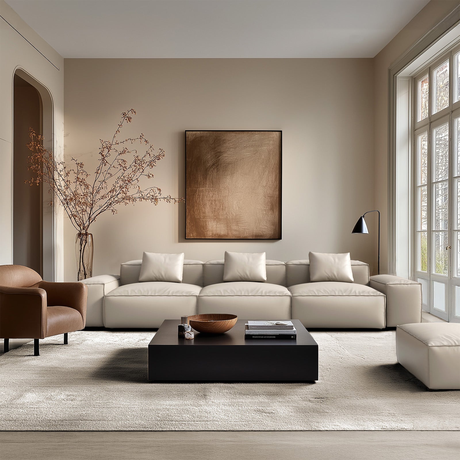 Canapé modulaire Cube en cuir véritable kaki