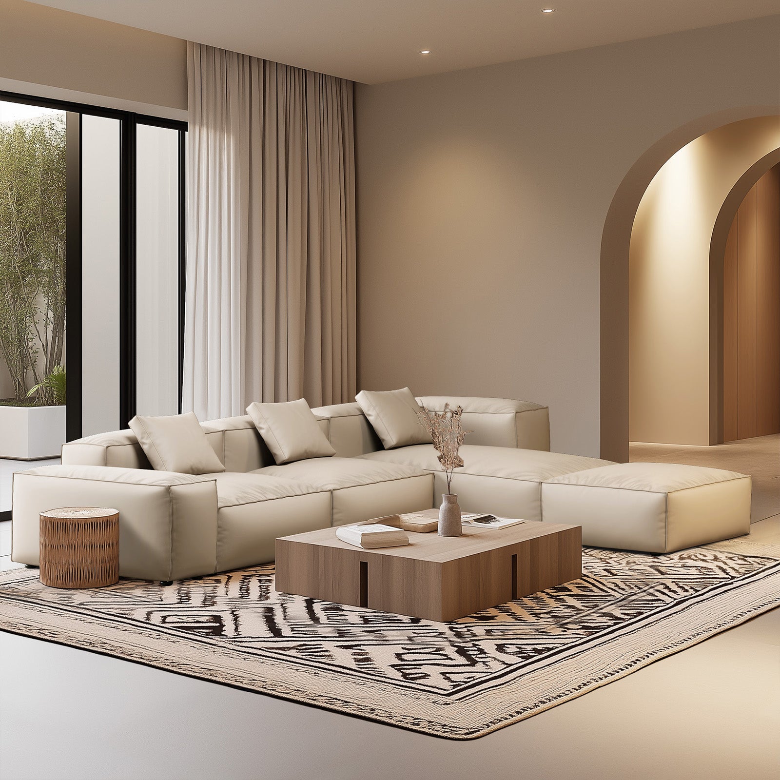 Canapé d'angle modulaire Cube en cuir véritable kaki