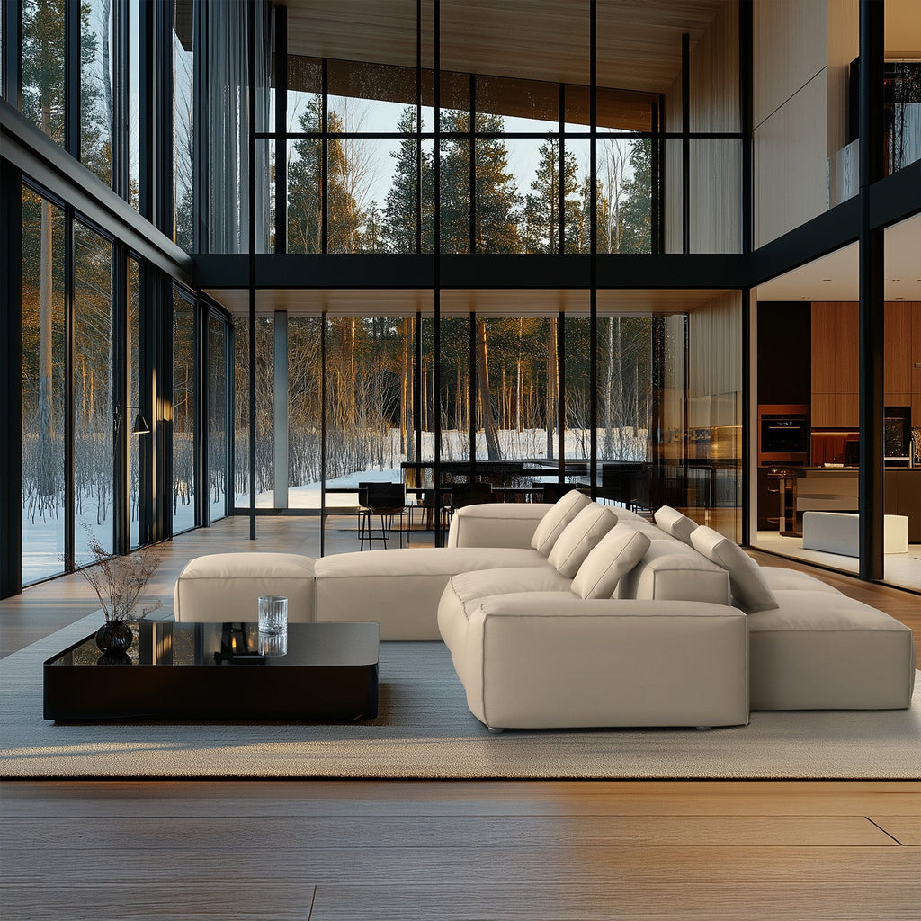 Canapé d'angle double face modulaire Cube en cuir véritable beige