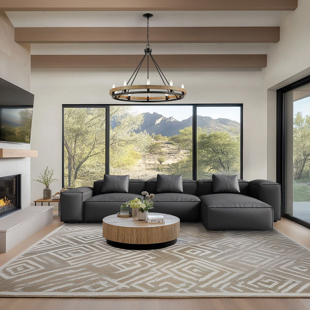 Canapé d'angle modulaire Cube en cuir véritable kaki