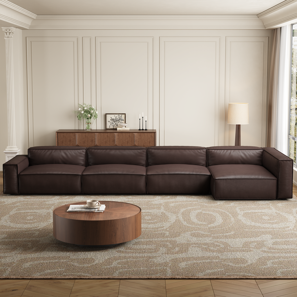 Canapé d'angle minimaliste de luxe en cuir marron foncé