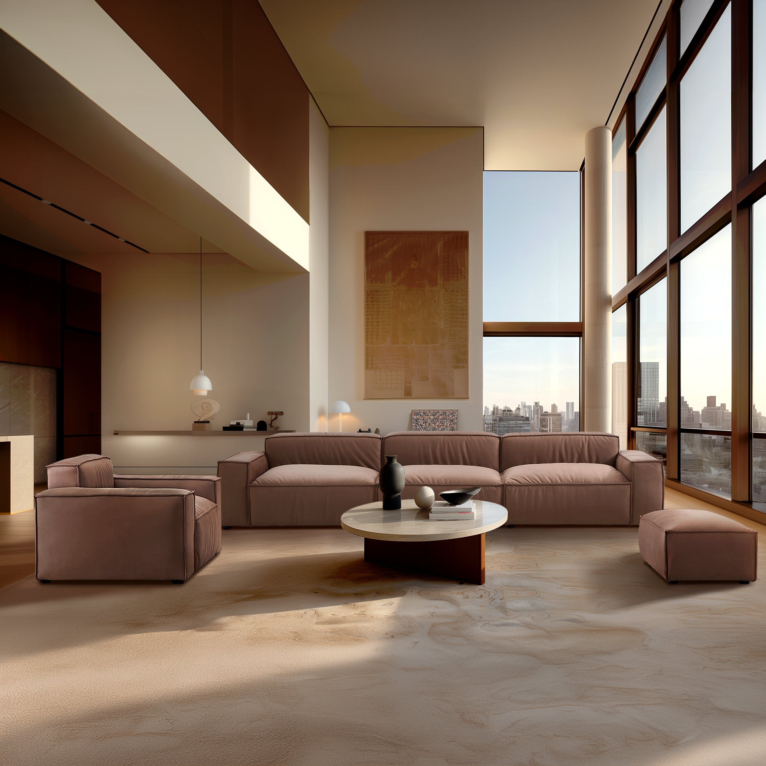 Ensemble de canapés de luxe minimalistes en tissu marron