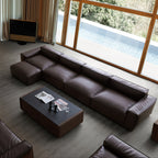 Canapé et pouf de luxe minimalistes en cuir marron foncé