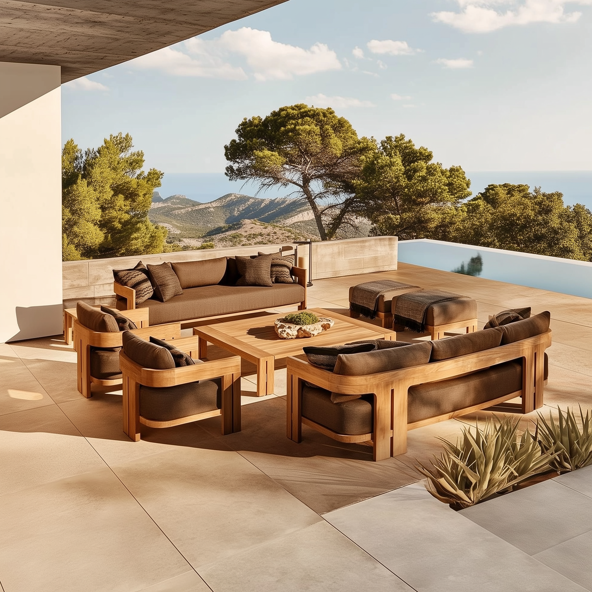 Ensemble de discussion d'extérieur Camryn avec coussins, teck/café