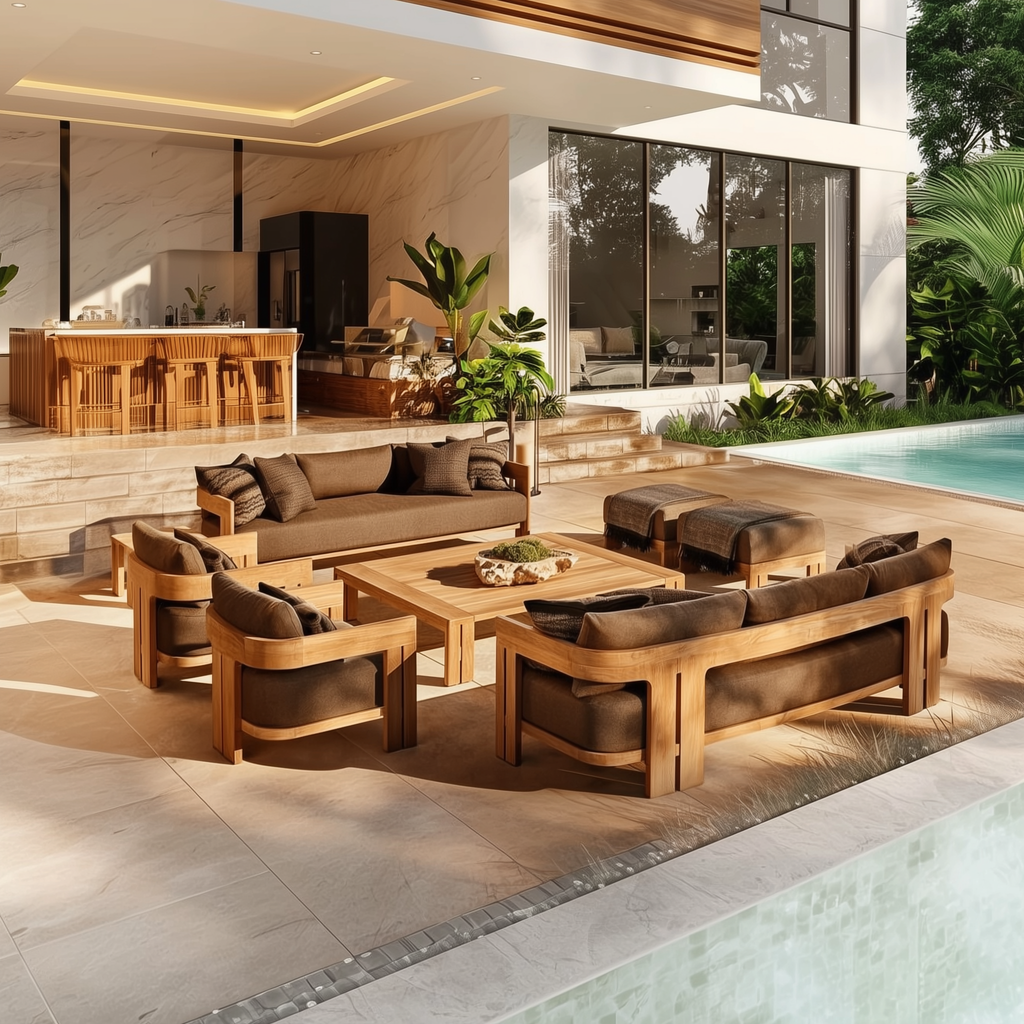 Ensemble de discussion d'extérieur Camryn avec coussins, teck/café