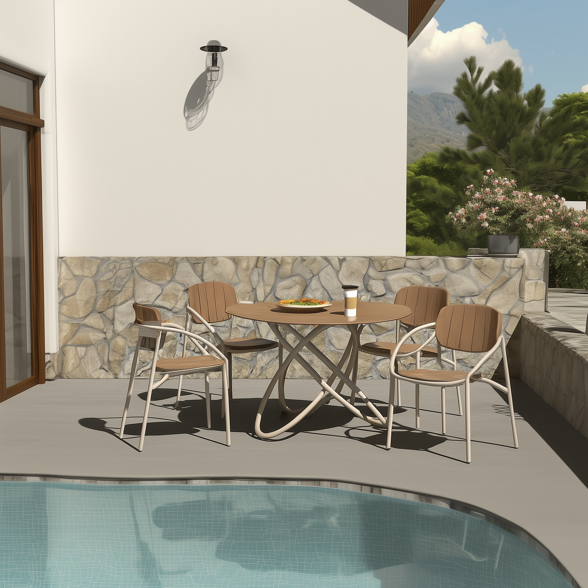 Ensemble de salle à manger d'extérieur Chloe pour 4 personnes avec table ronde en teck