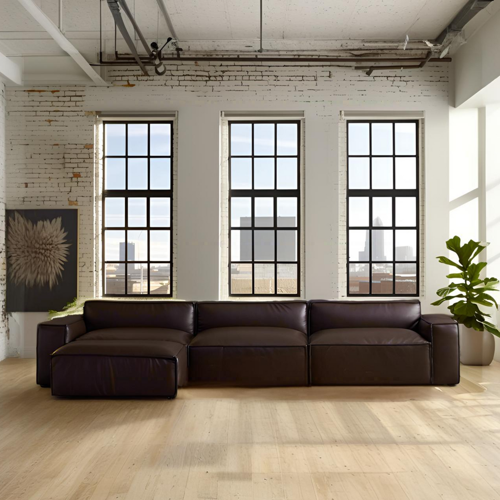 Canapé et pouf de luxe minimalistes en cuir marron foncé