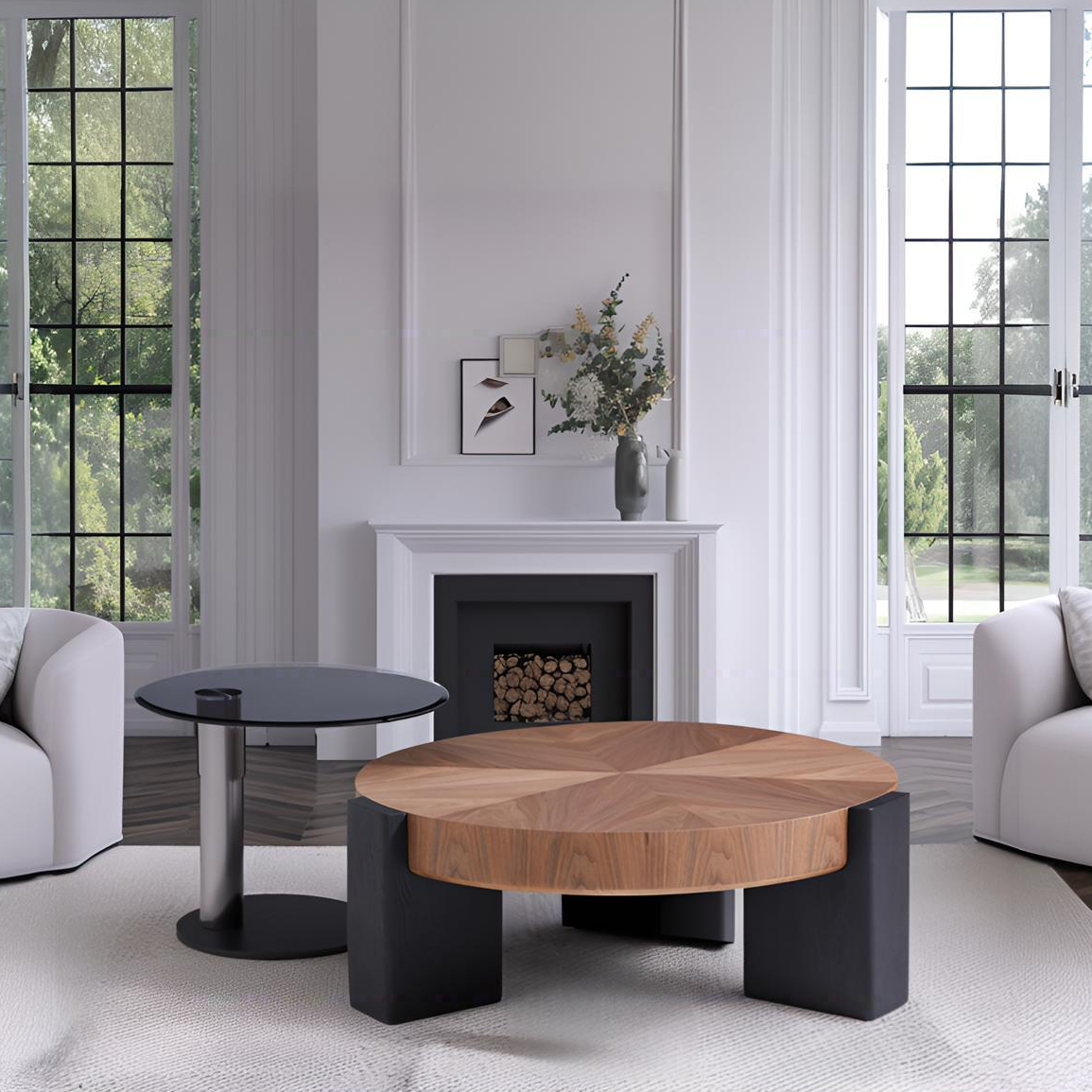 Table basse ronde en noyer ombré