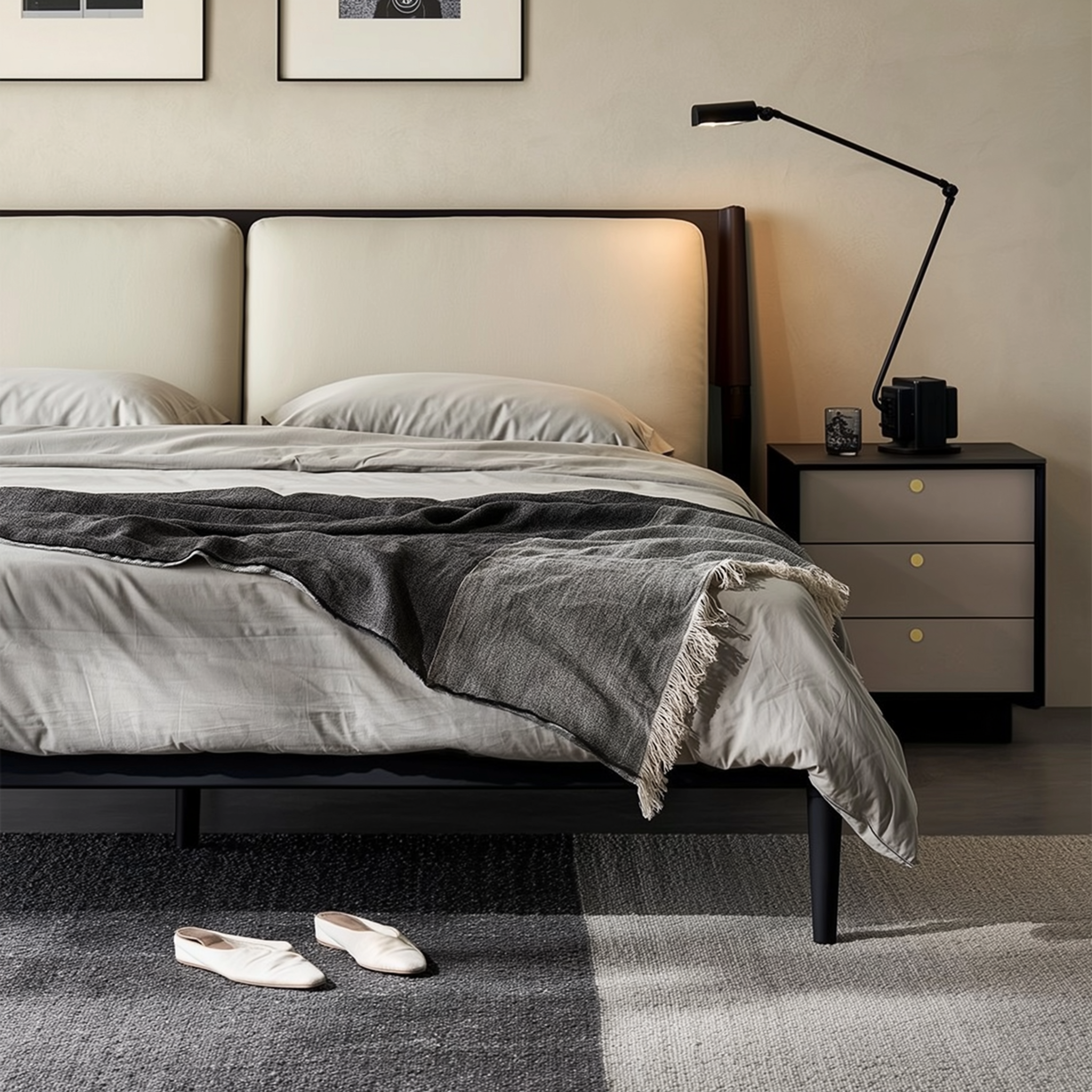 Lit en cuir crème truffe